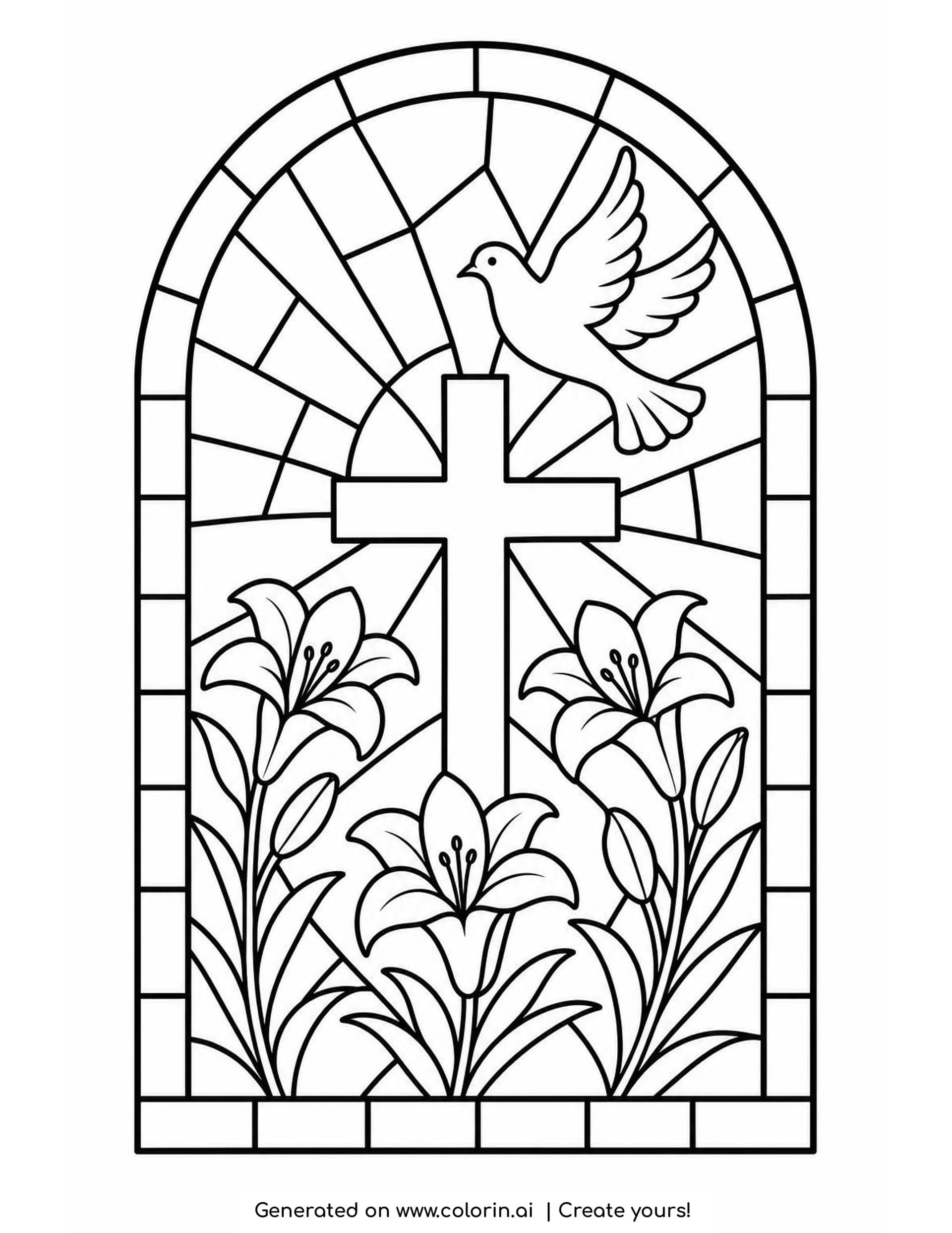 Christian Easter coloring page of a stained glass window with a rounded top, a cross in the center, a flying dove and Easter lilies