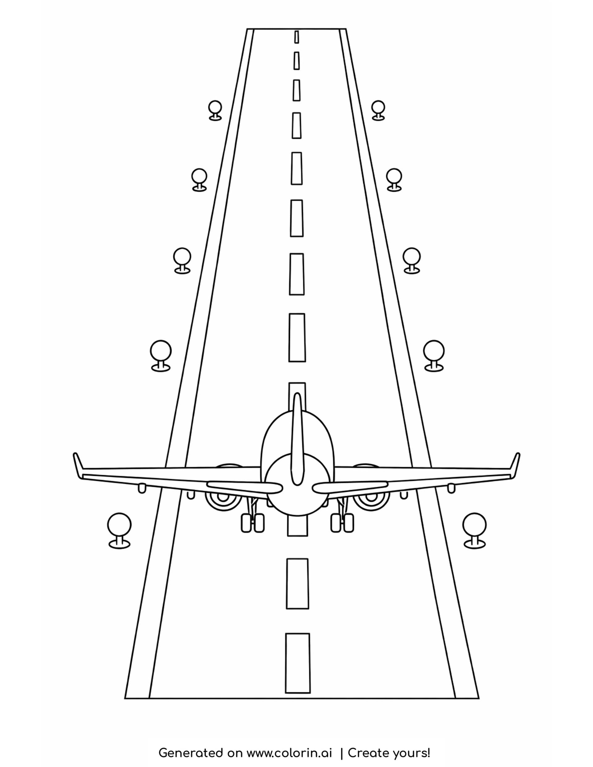 runway coloring pages — runway running away in perspective with edge lights and an airplane touching down