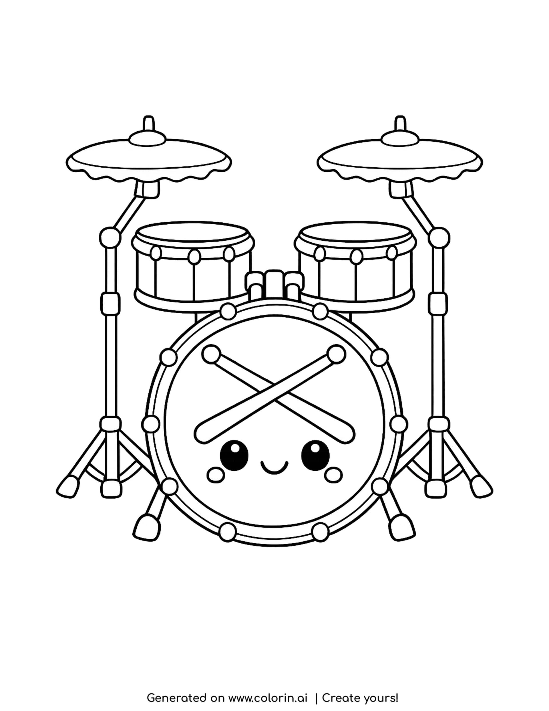 drum coloring pages - smiling bass drum with crossed sticks, two toms and two cymbals on stands