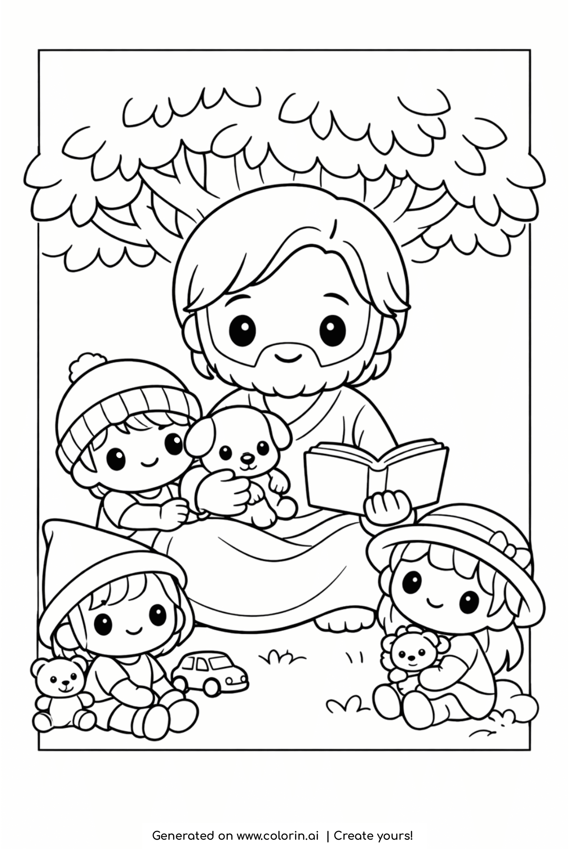 bible coloring pages for kids, kind Jesus reading a book to cute children under a tree with a puppy and toys