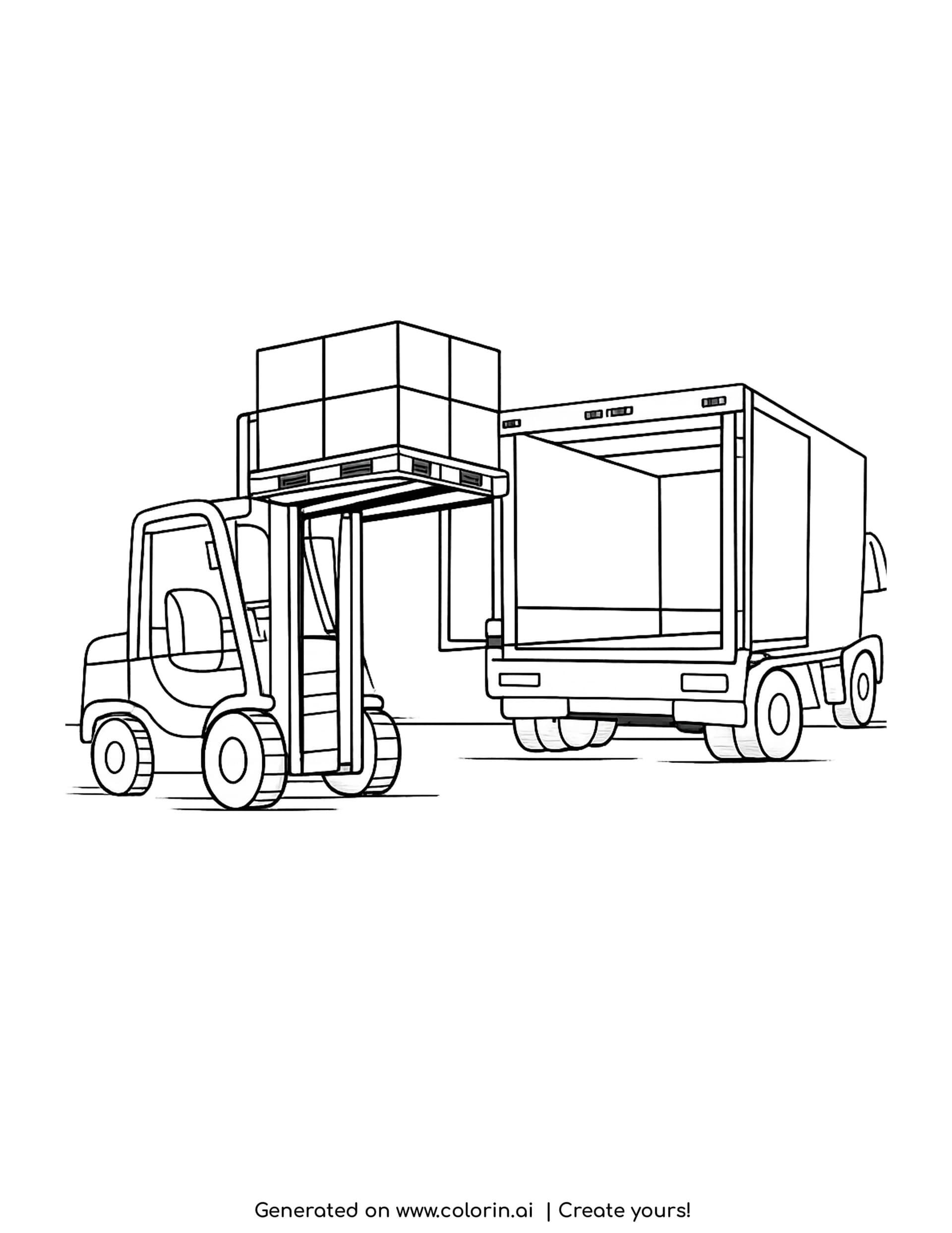 forklift loading pallets coloring pages: a forklift raising a pallet of boxes beside an open box truck