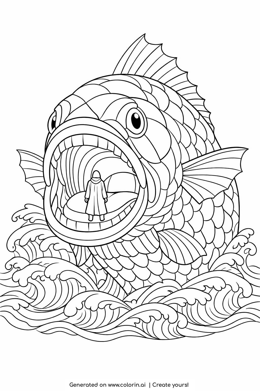 bible story coloring pages, Jonah and the great fish leaping from swirling waves with a figure in its open mouth