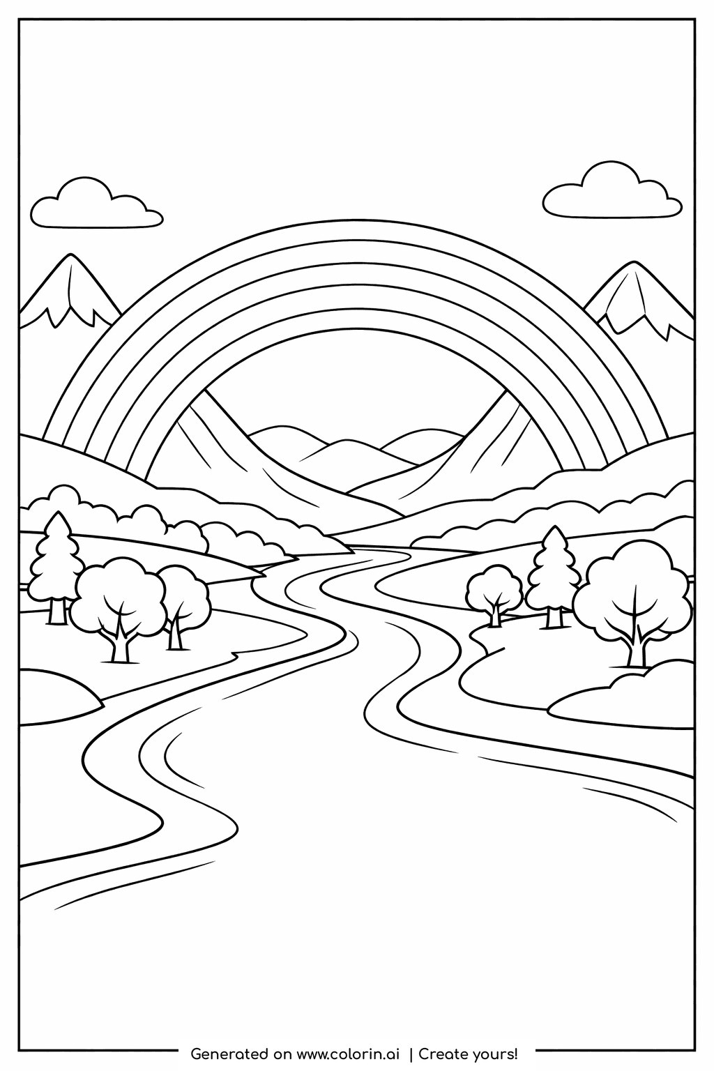 rainbow coloring pages, a rainbow spanning a valley between tall mountains, with a river winding down through trees