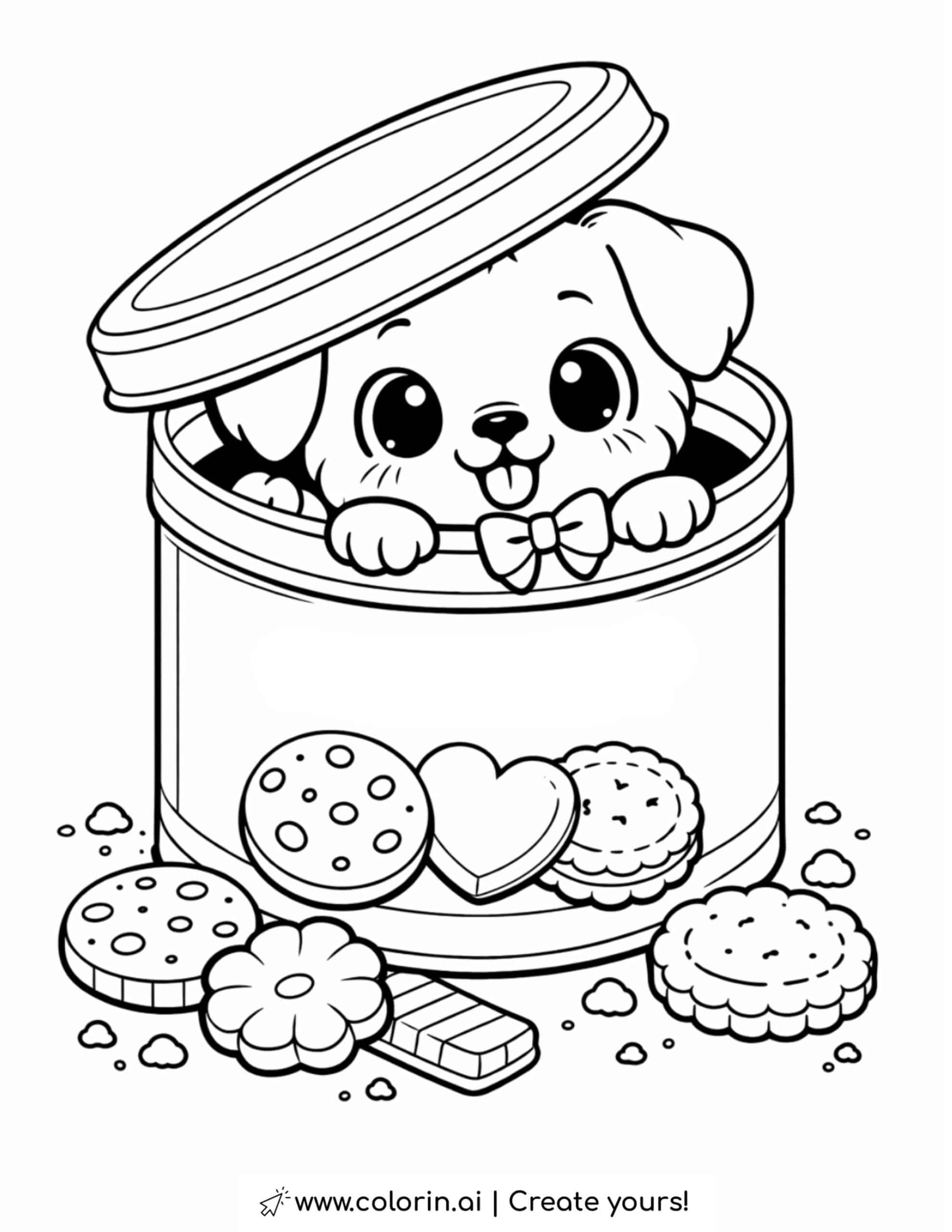 puppy in cookie tin coloring page with cookies crumbs candy and bow tie coloring page