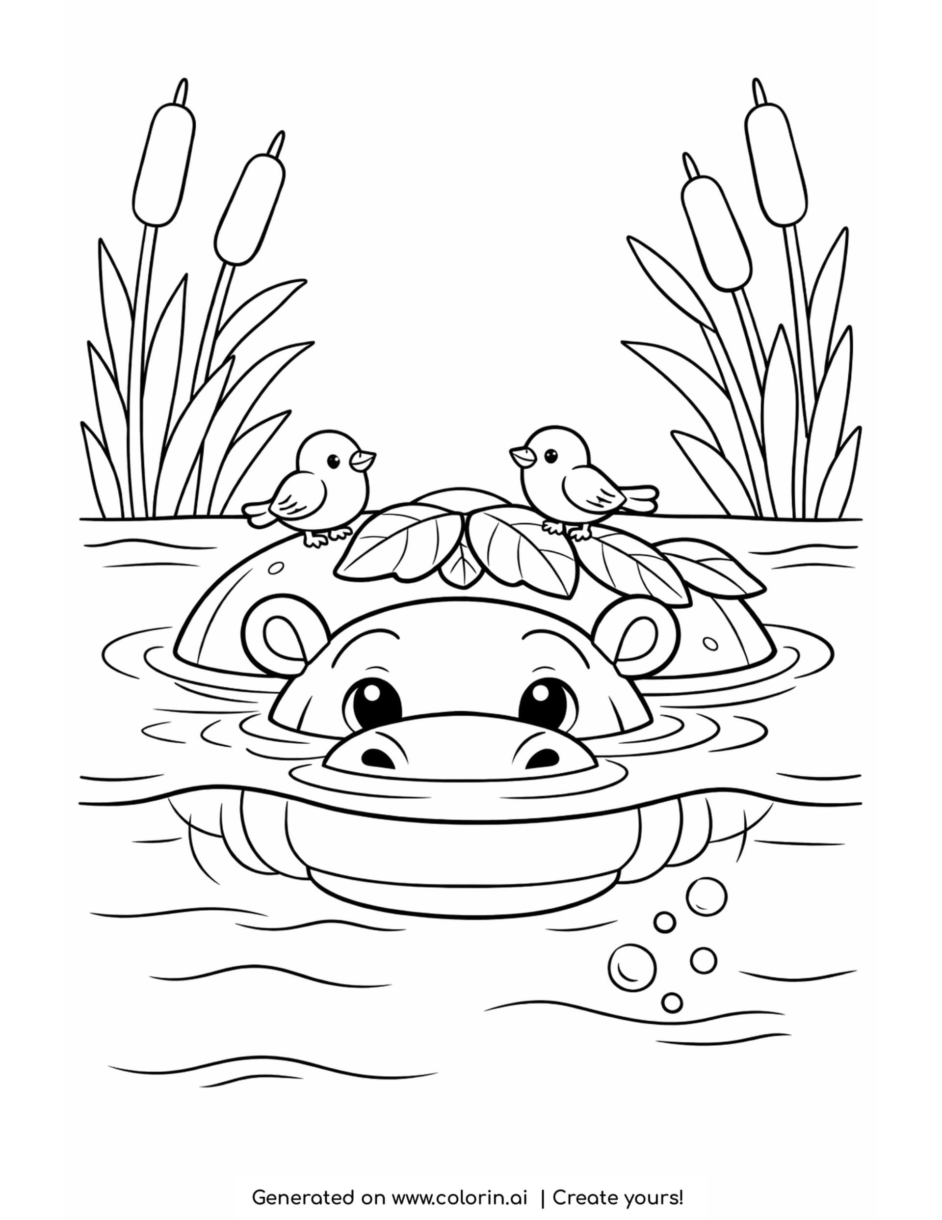hippo coloring pages, a happy hippo soaking in a muddy river with two little birds resting on its back