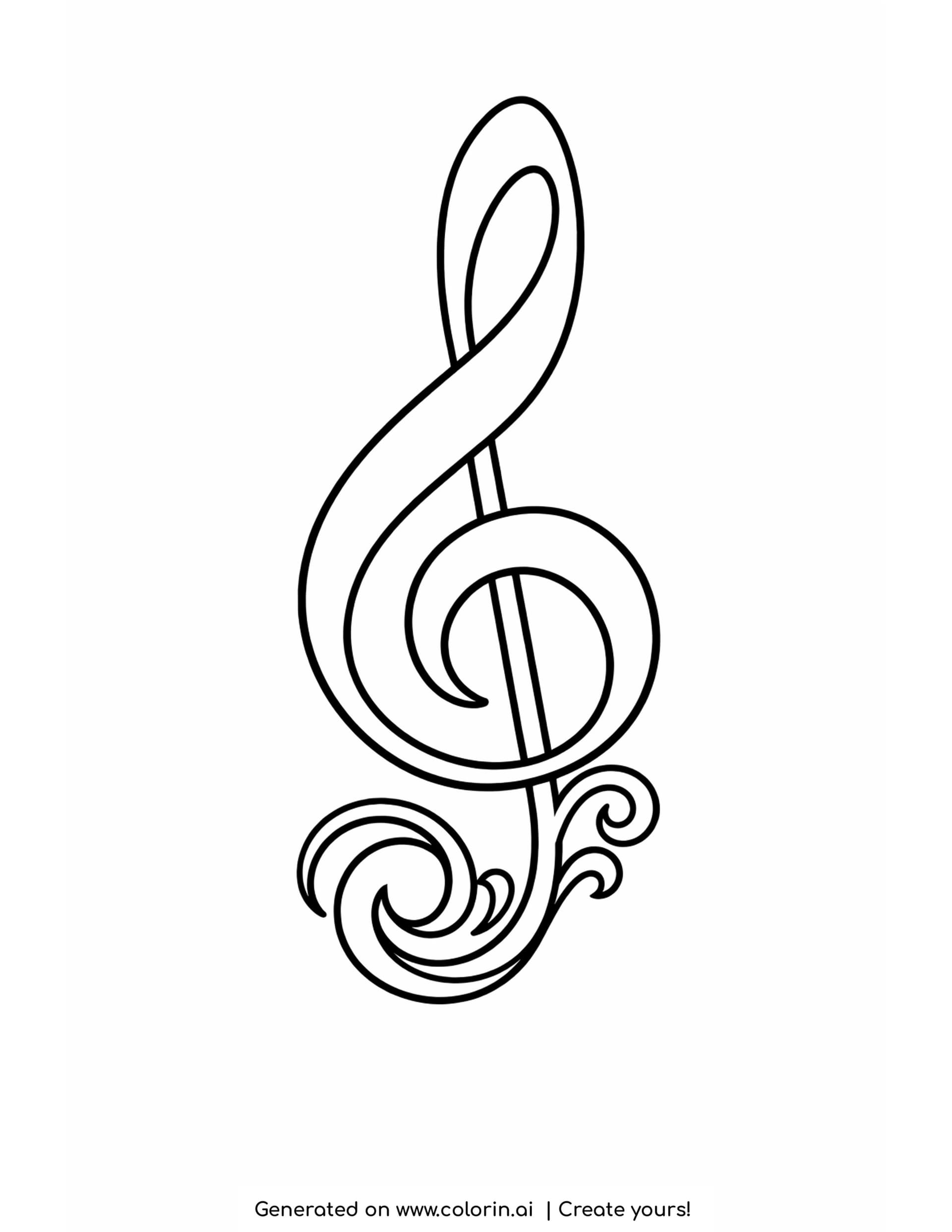 treble clef coloring pages - one large hollow treble clef filling the page with a wave of spirals at its foot