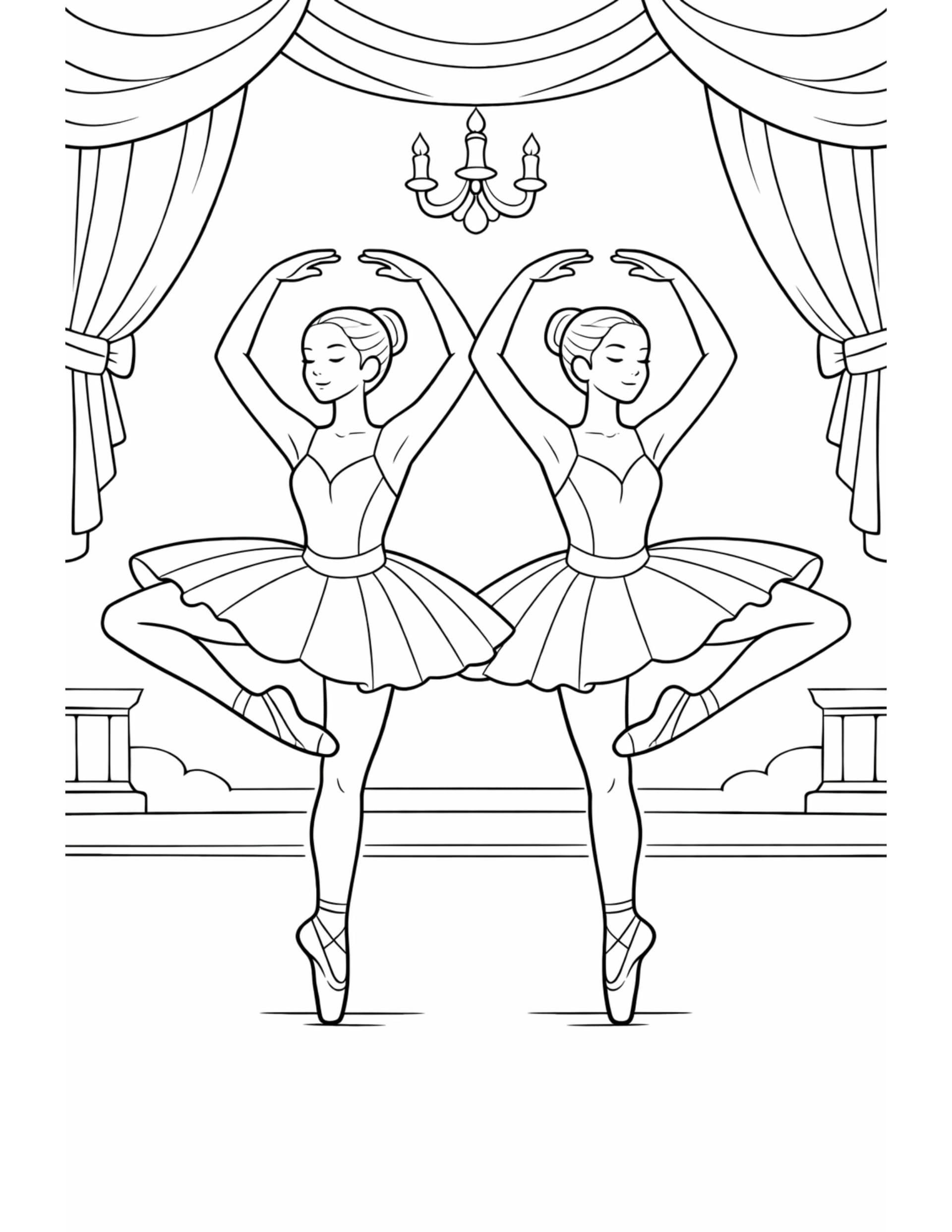twin ballerinas under chandelier pose coloring page with two dancers framed by stage curtains coloring page