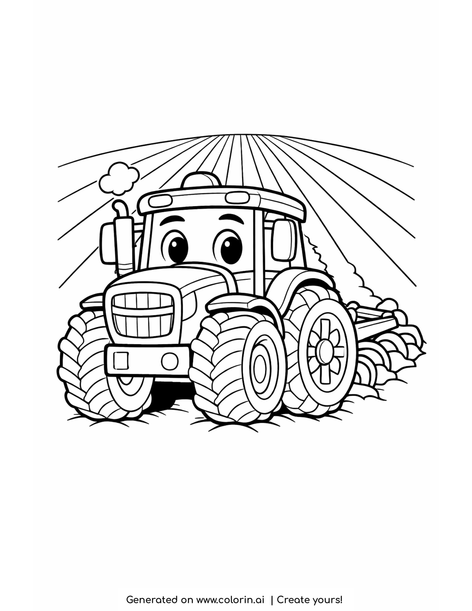 tractor coloring pages: a cartoon farm tractor with eyes, pulling a plow with furrows behind it
