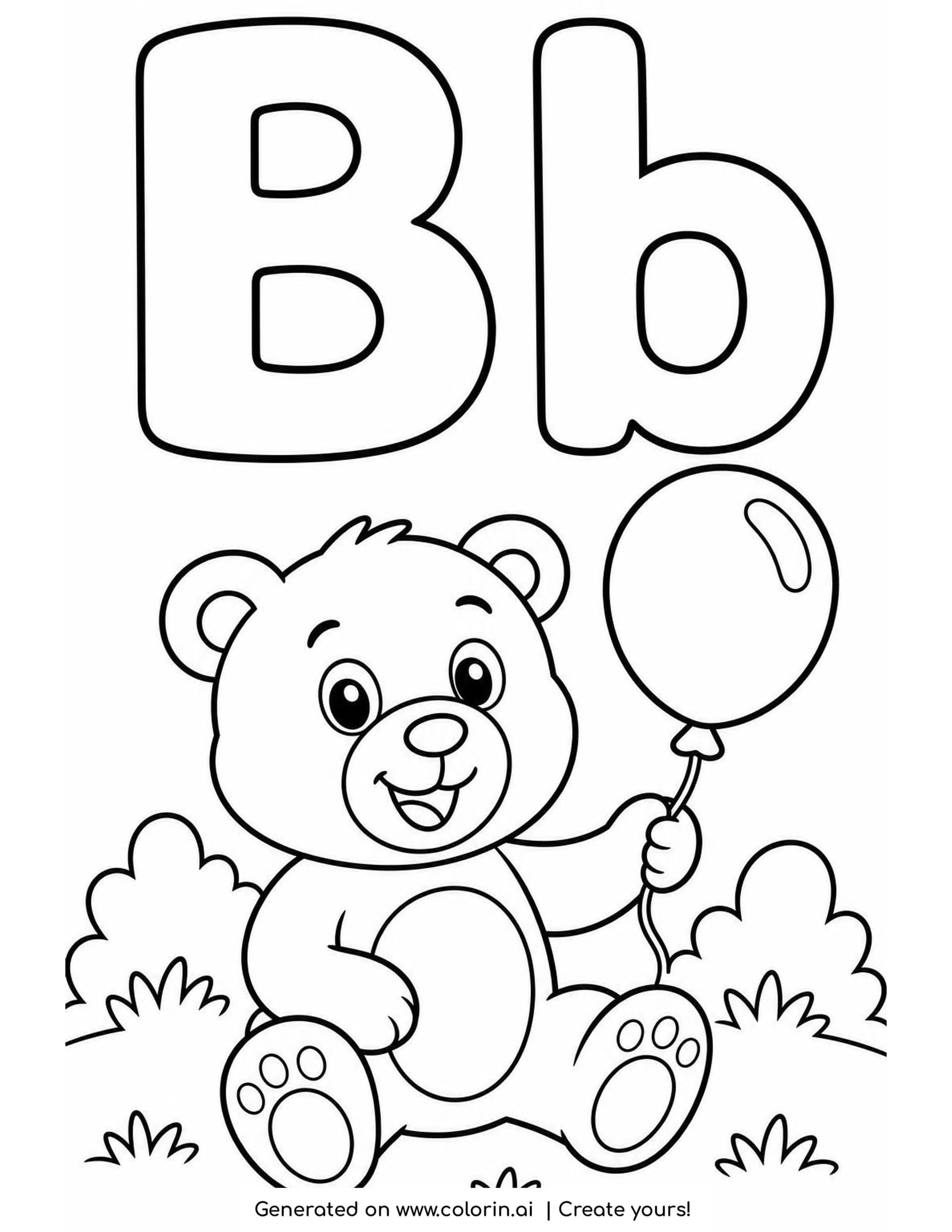 A letter B coloring page with a hollow capital B and lowercase b above a smiling bear cub sitting in the grass and holding a balloon on a string