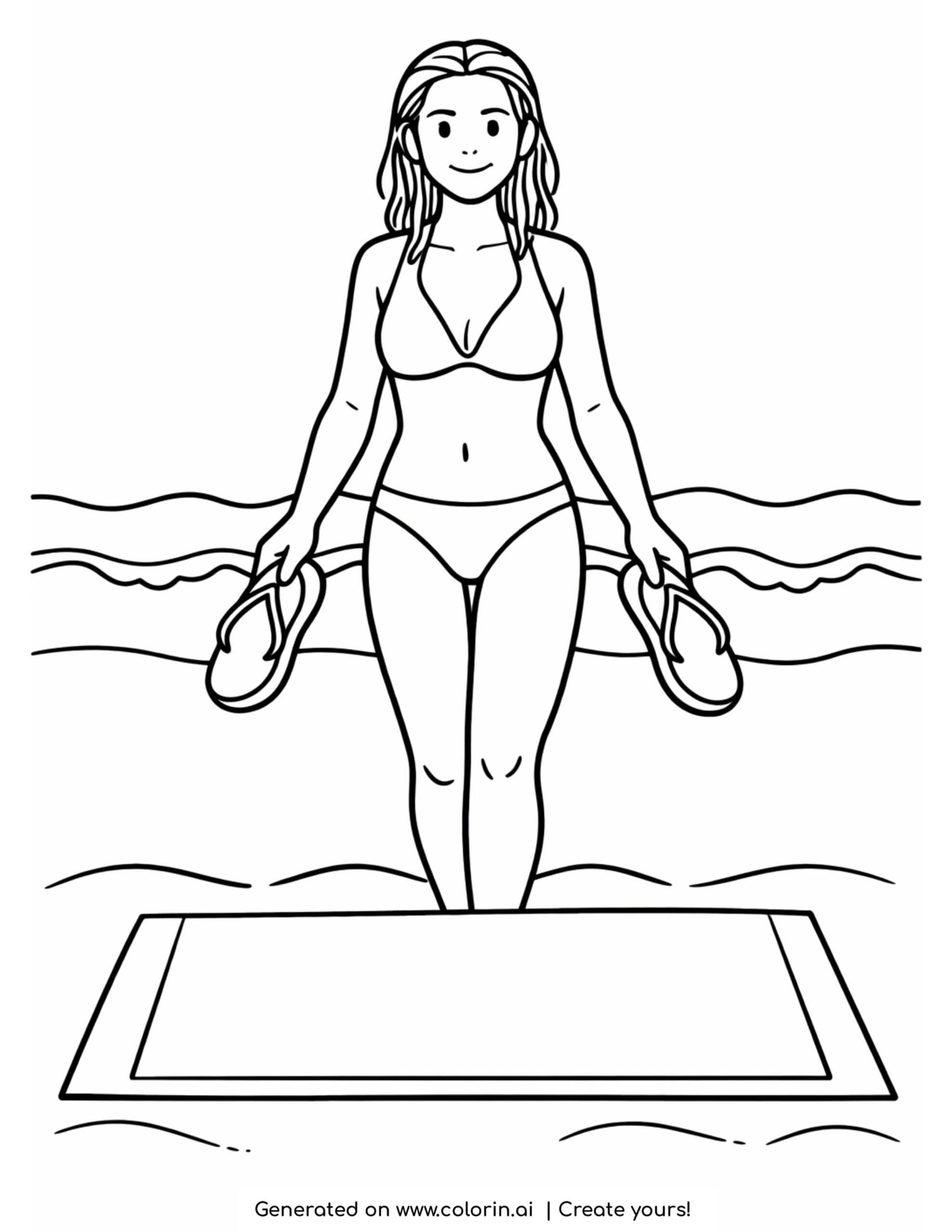 woman walking from sea with sandals coloring page with ocean waves and beach towel
