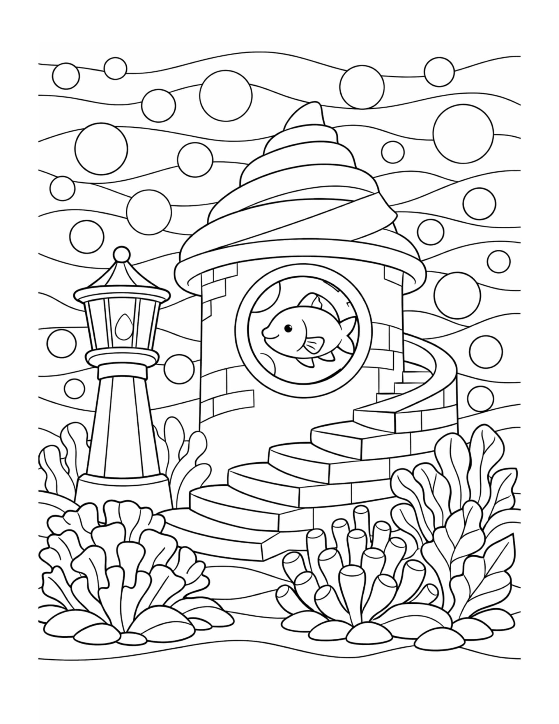 fish in lighthouse window coloring page with spiral tower, curved stairs, bubbles, and sea plants coloring page