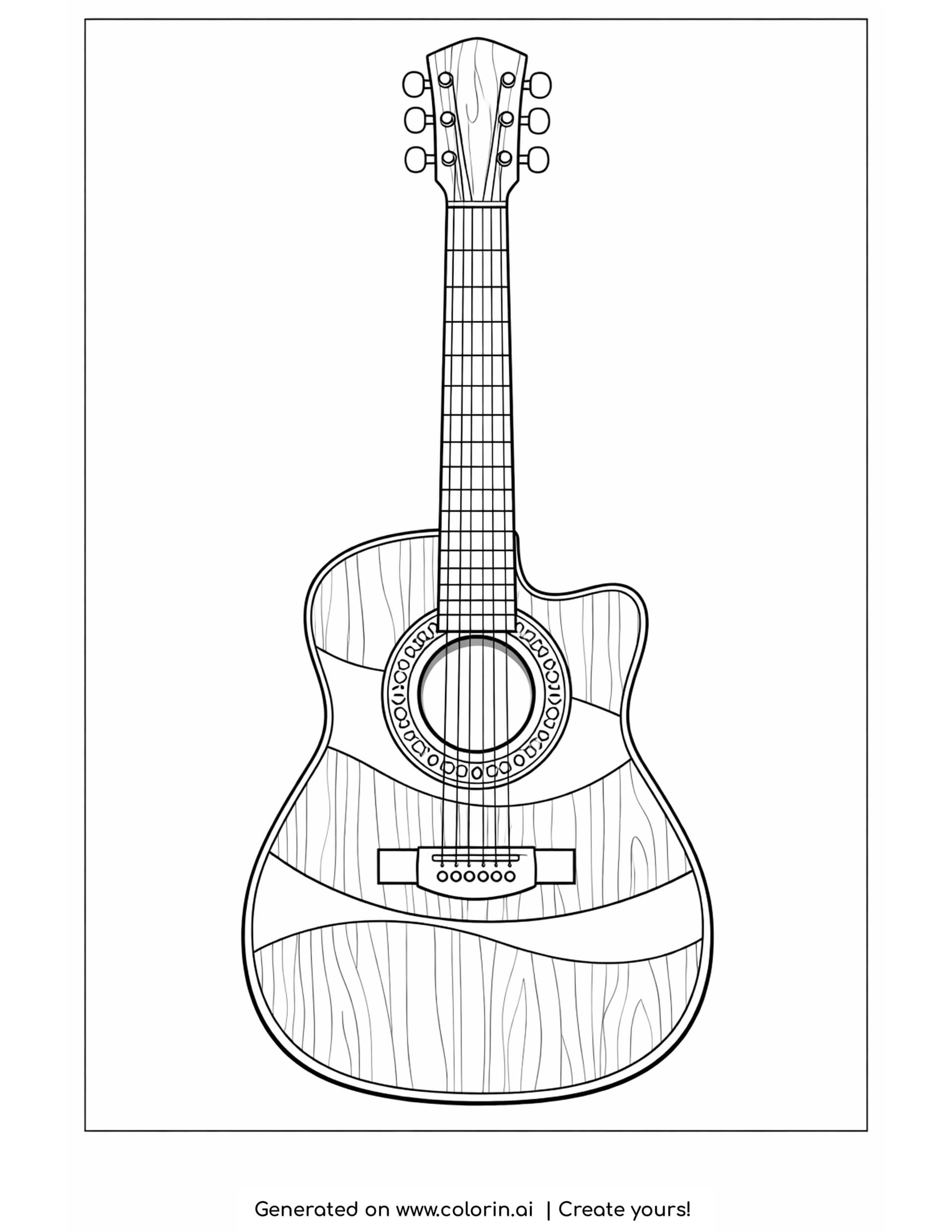 detailed acoustic guitar coloring pages - an acoustic guitar standing upright with a cutaway body, a ringed rosette around the sound hole and fine wood grain