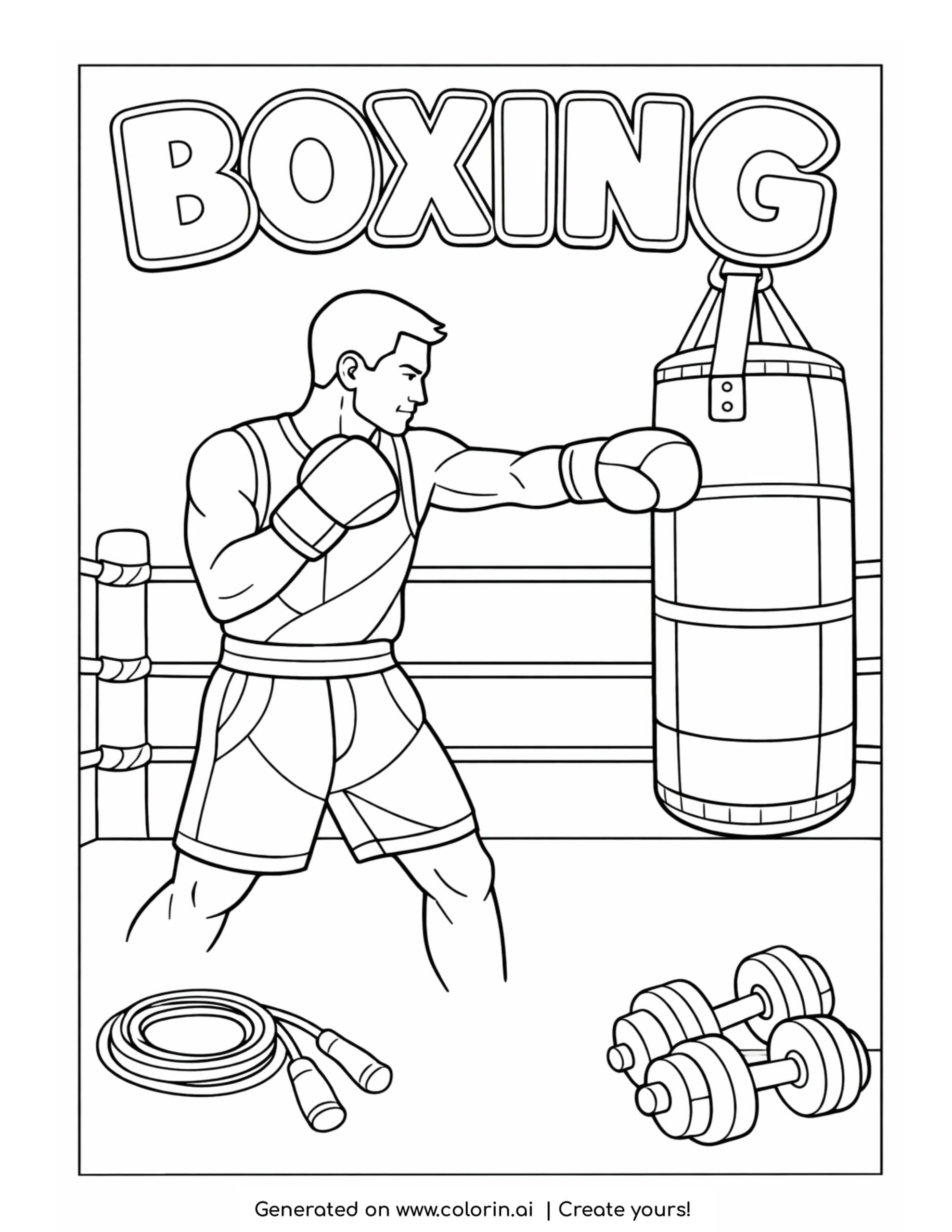 boxer punching heavy bag coloring page with gym scene and equipment