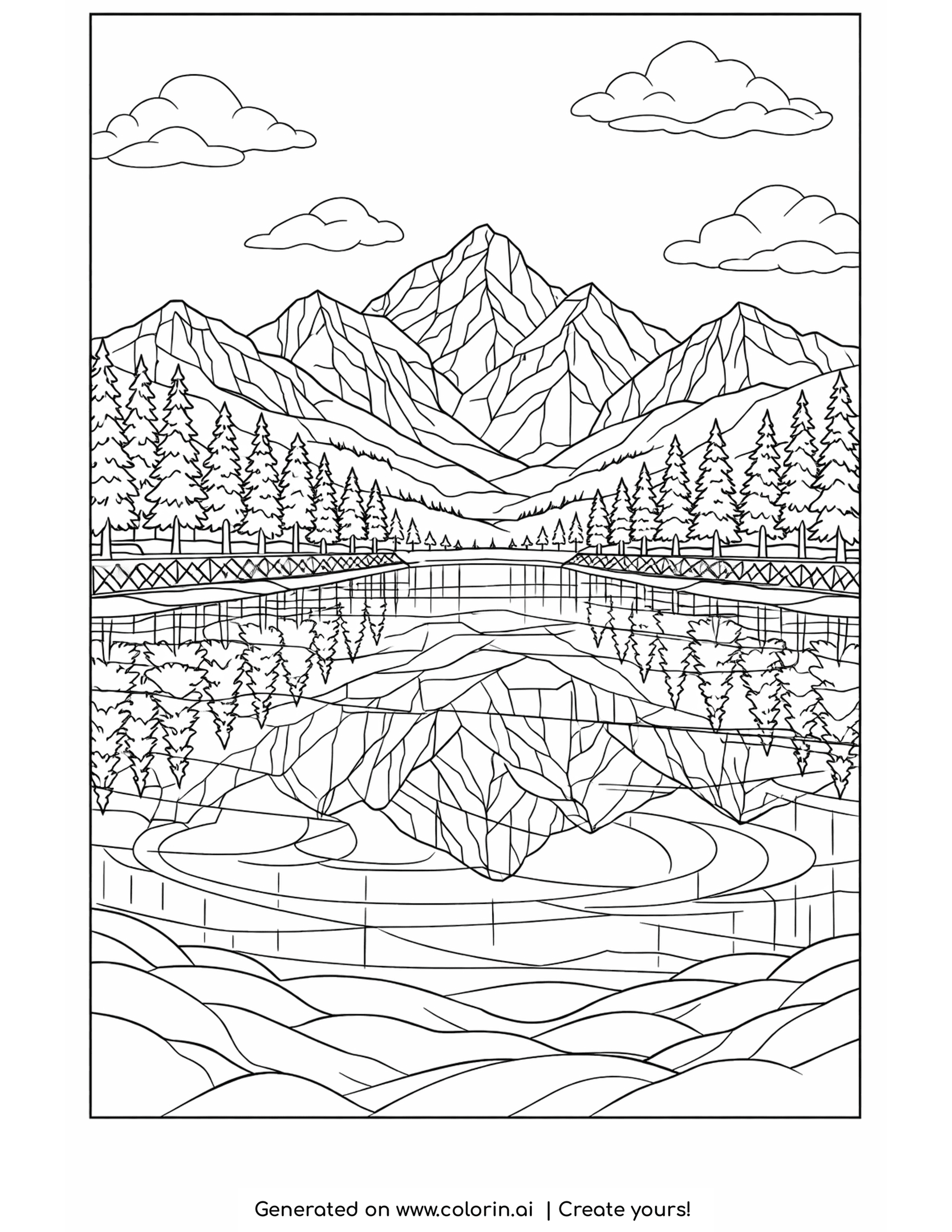 winter landscape coloring pages, a frozen lake reflecting pine trees and mountains