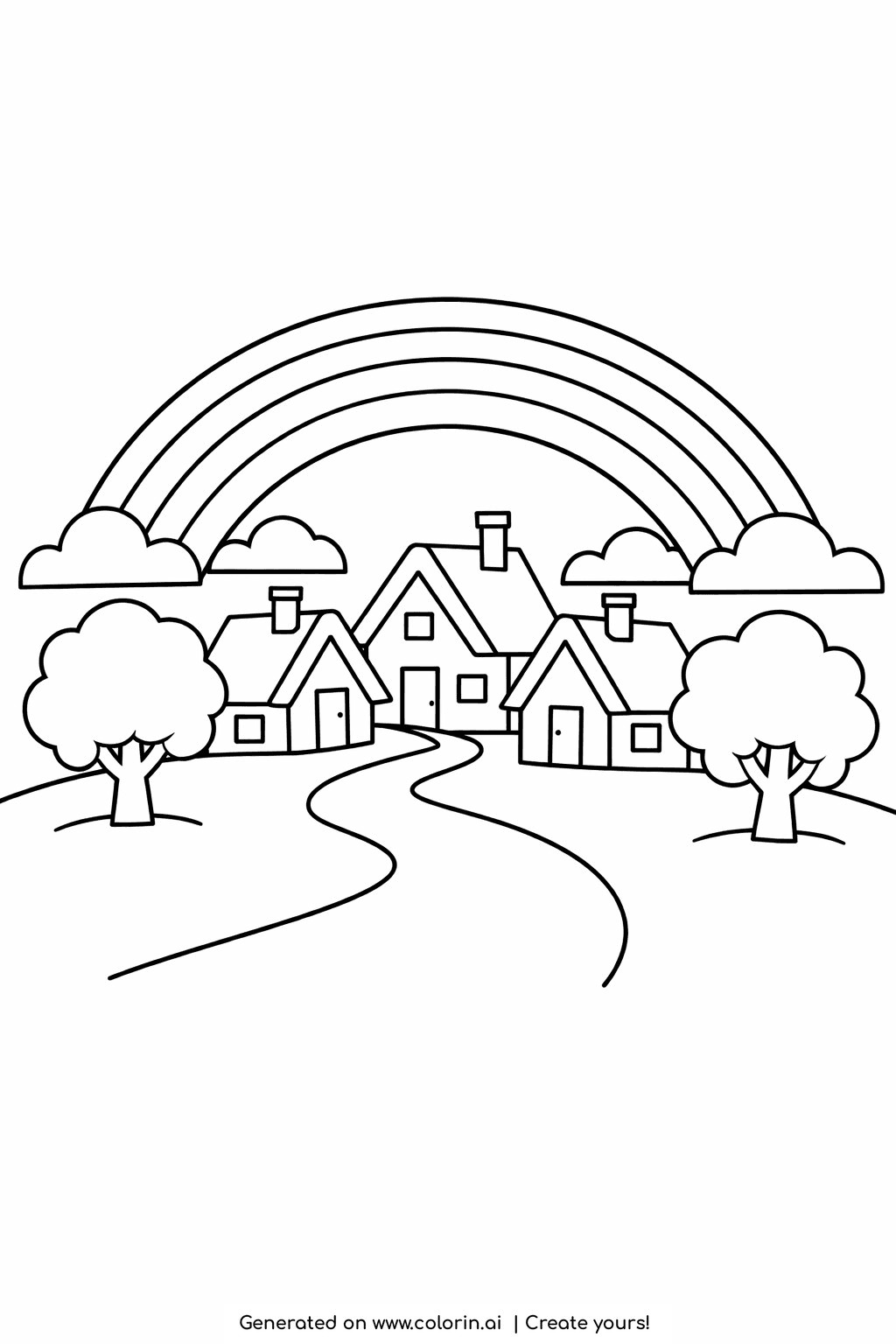 free printable rainbow coloring pages, a rainbow arching over a cluster of little cottages with peaked roofs, a path, and trees