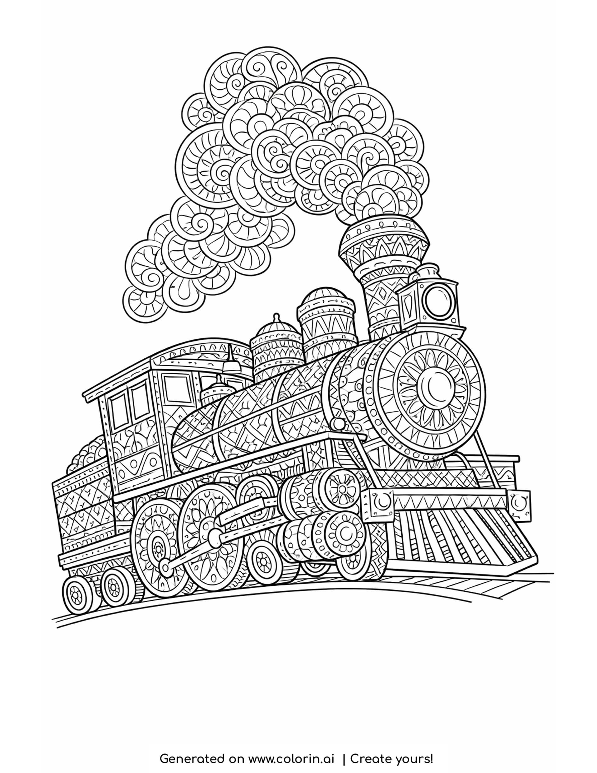 patterned locomotive coloring pages: a three quarter steam locomotive with patterned boiler bands, sunburst door and spiraled smoke