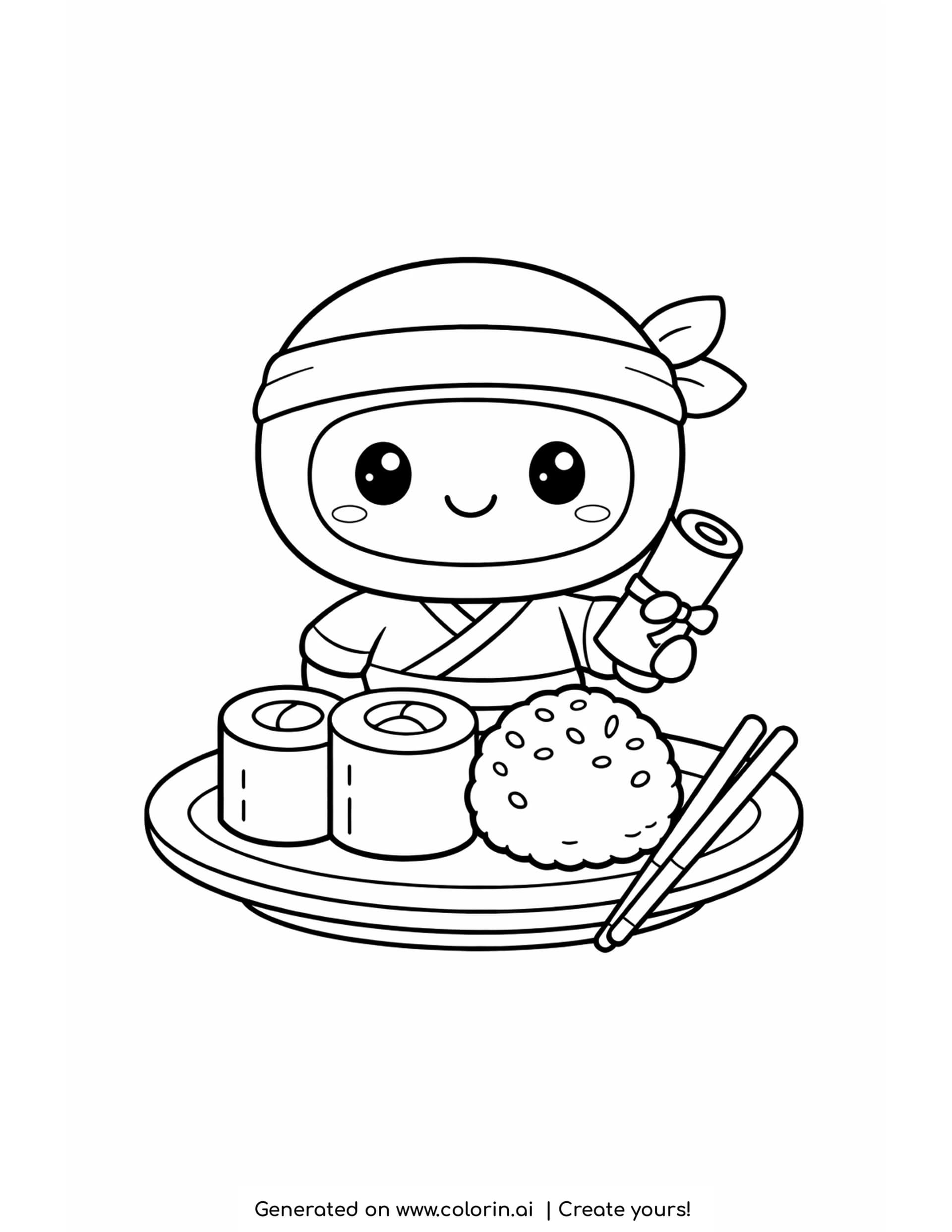sushi coloring pages - plate with two maki rolls, a sesame rice ball and chopsticks, with a cute ninja behind