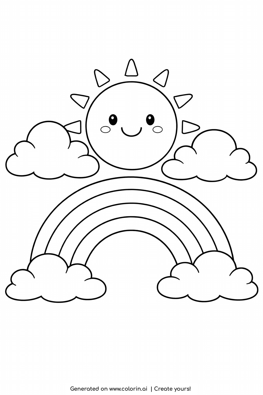 cute rainbow coloring pages, a big smiling sun with soft rays sitting under a wide rainbow, with two little clouds at the ends