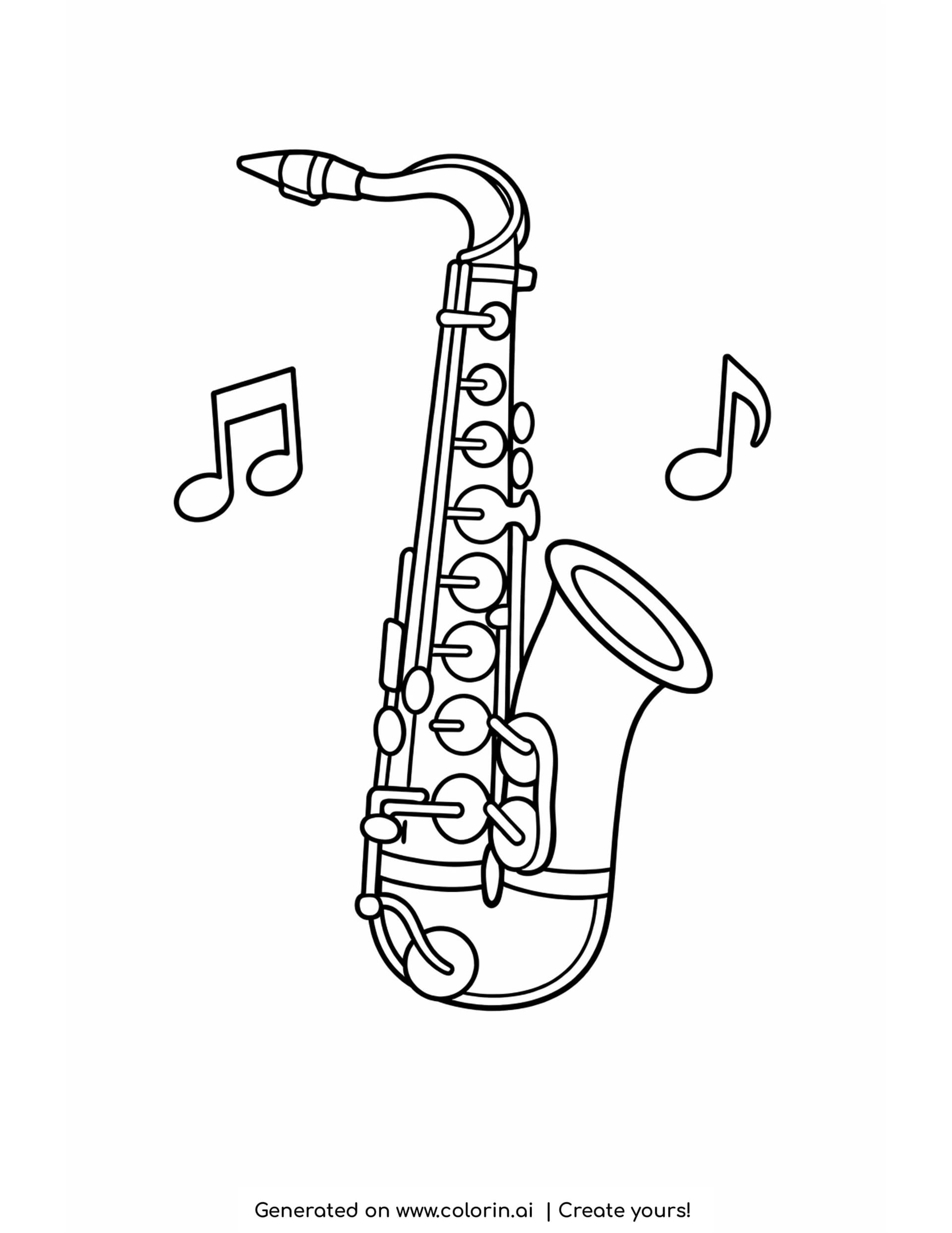 simple saxophone coloring pages - an alto saxophone standing upright with a wide bell and two notes floating beside it
