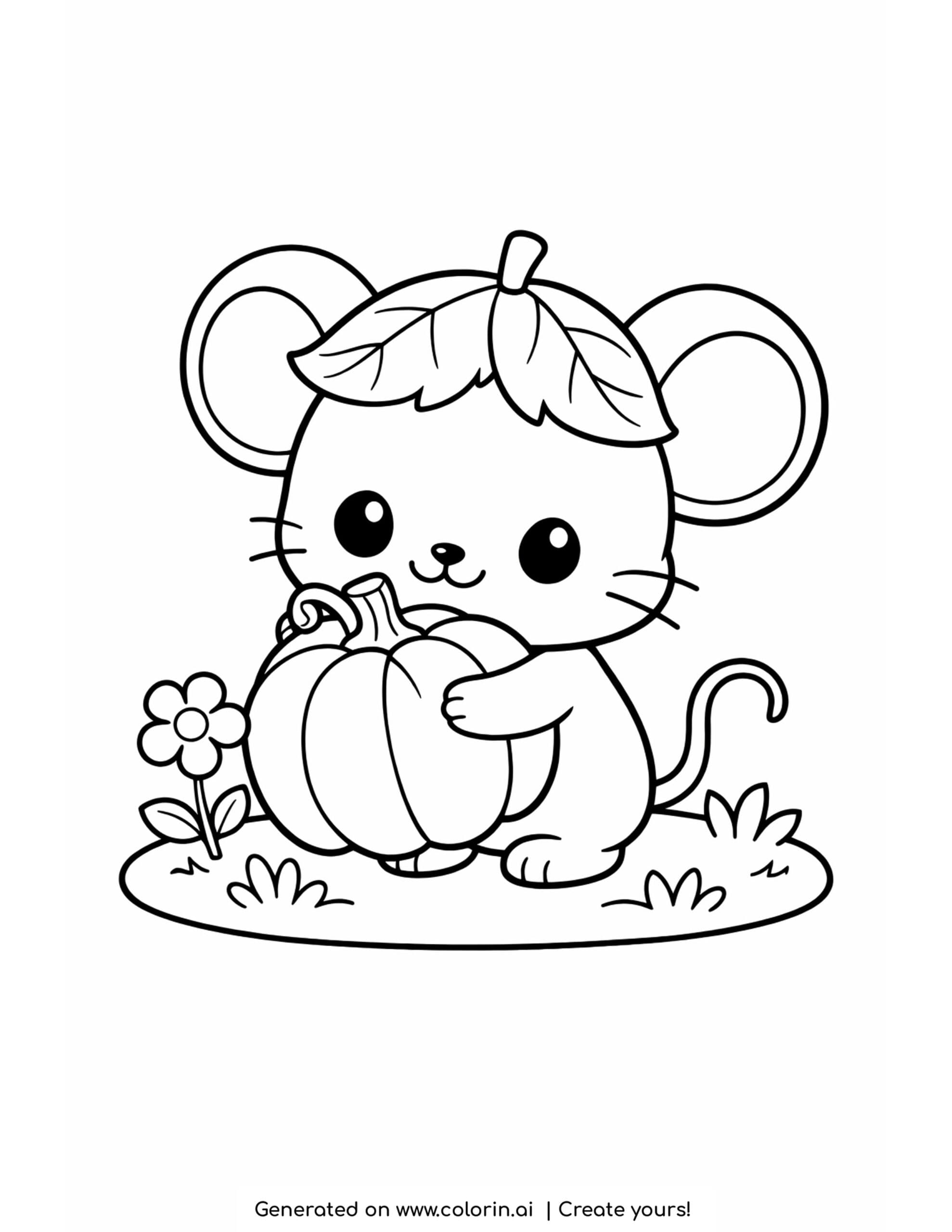 cute thanksgiving coloring pages, a small mouse hugging a little pumpkin with big ears and a leaf on its head