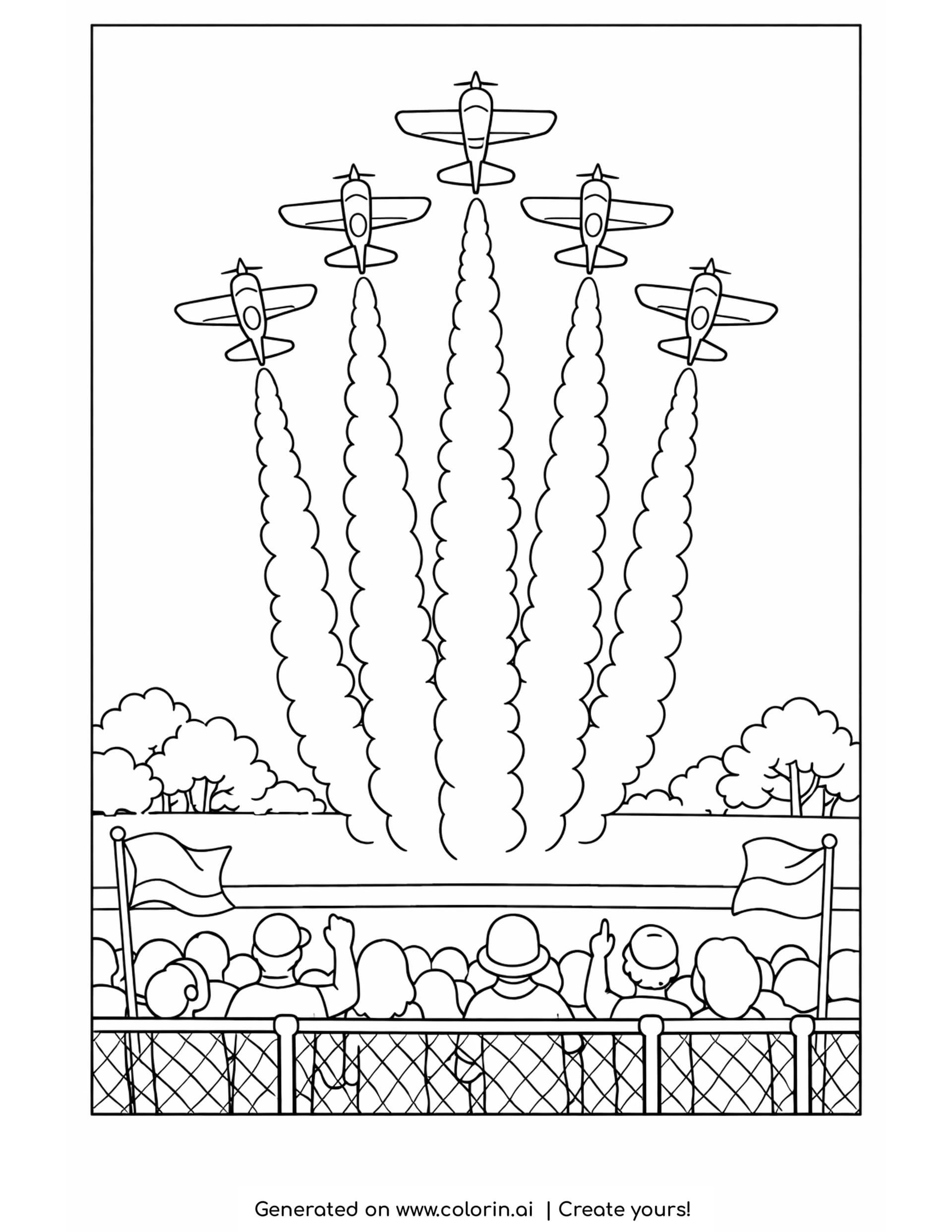 airshow coloring pages — five stunt planes in V formation trailing smoke above a fenced crowd