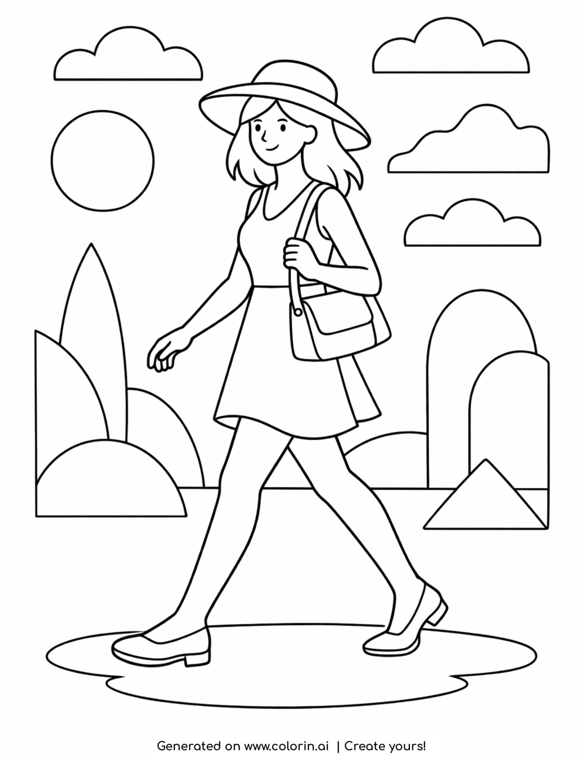 woman walking outdoors with hat coloring page with clouds and abstract landscape coloring page