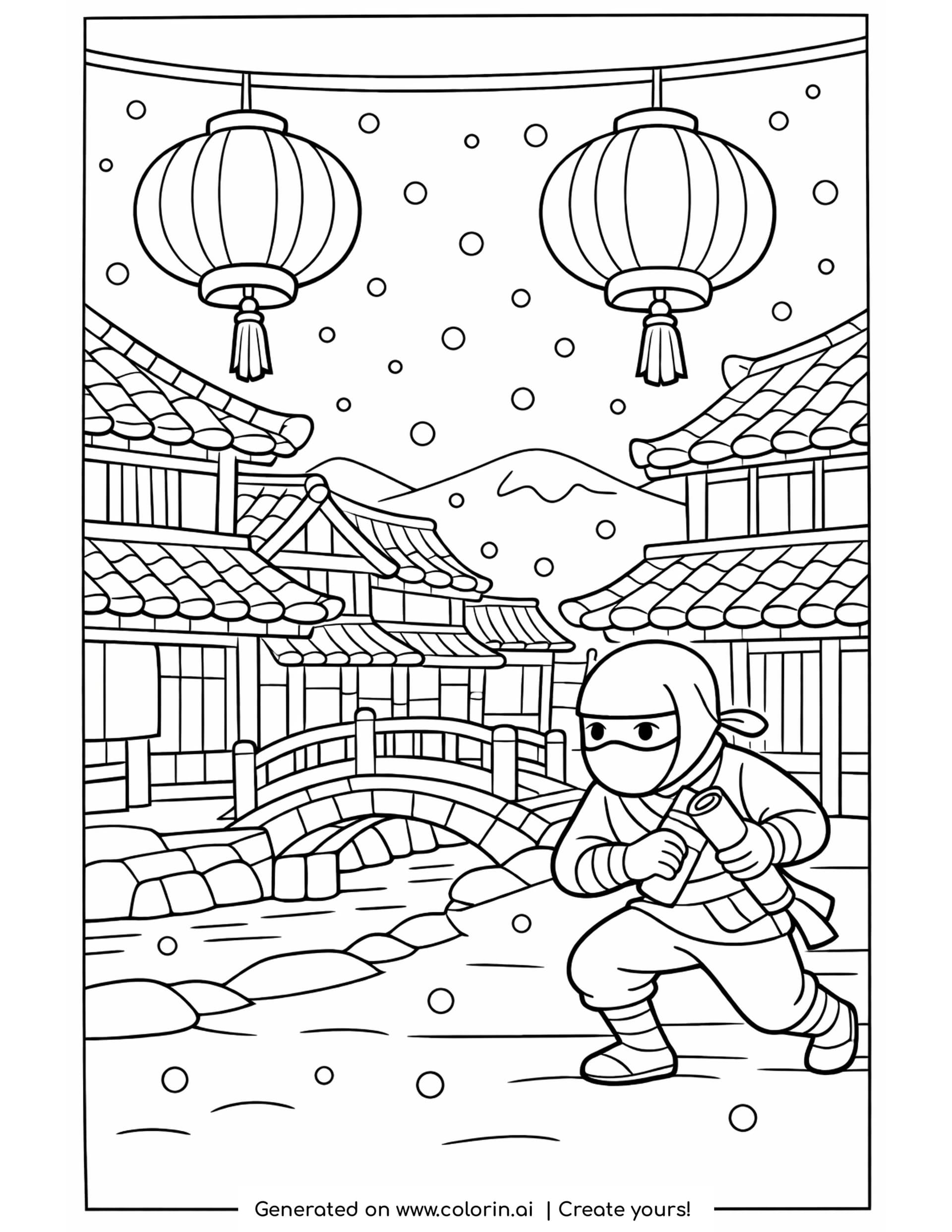 japan coloring pages - snowy Japanese village street with paper lanterns, a stone bridge and a running ninja