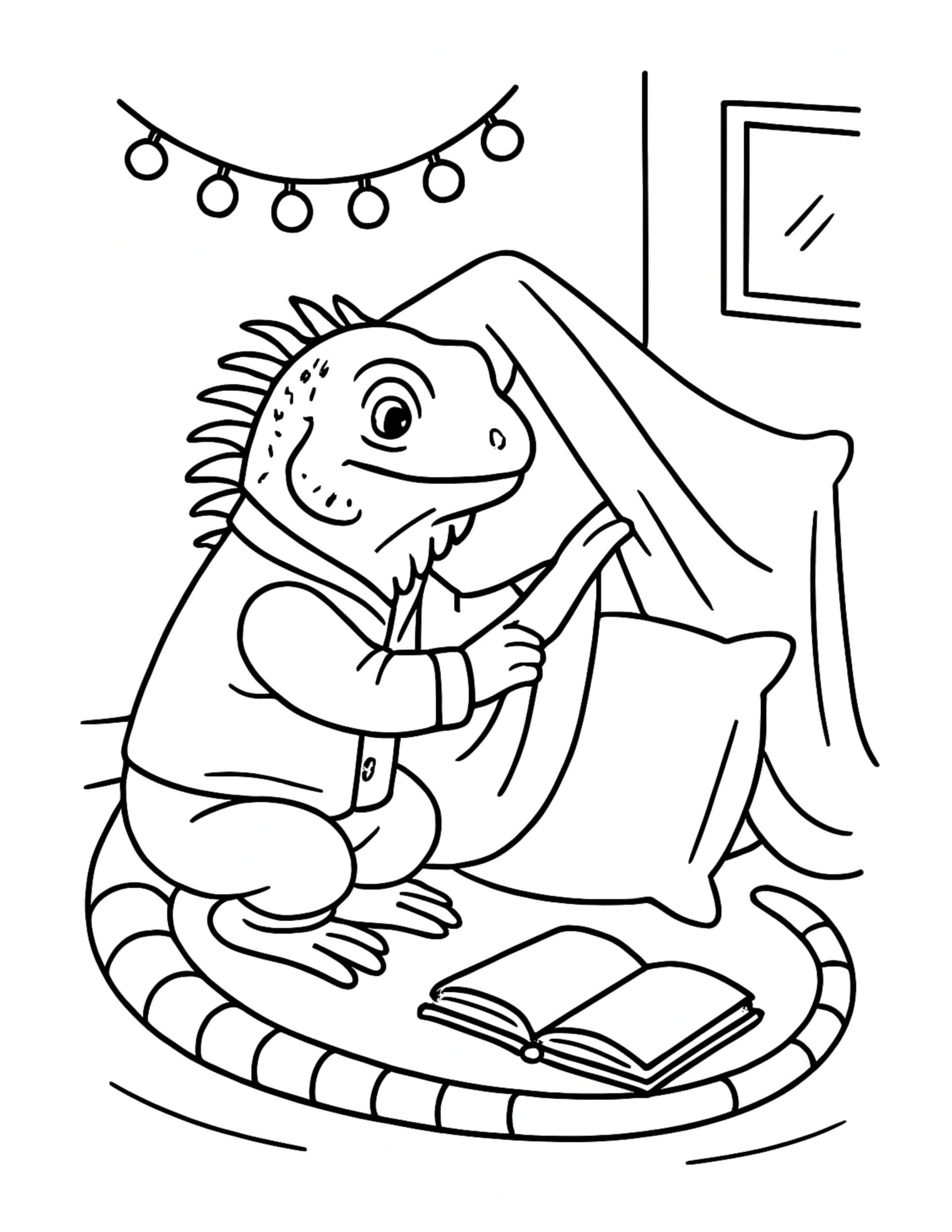 lizard building blanket fort coloring page, cozy indoor fort with pillows, string lights, and an open book coloring page