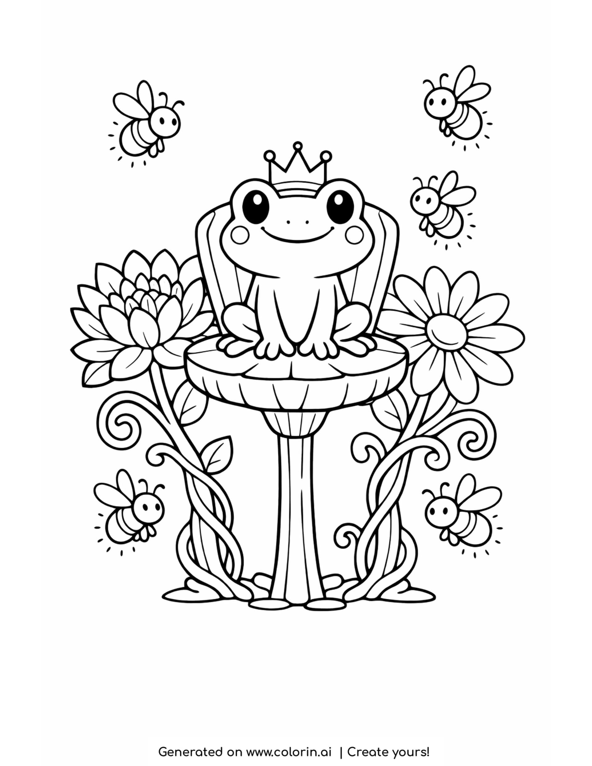 frog sitting on lily pad throne with flowers and bees coloring page