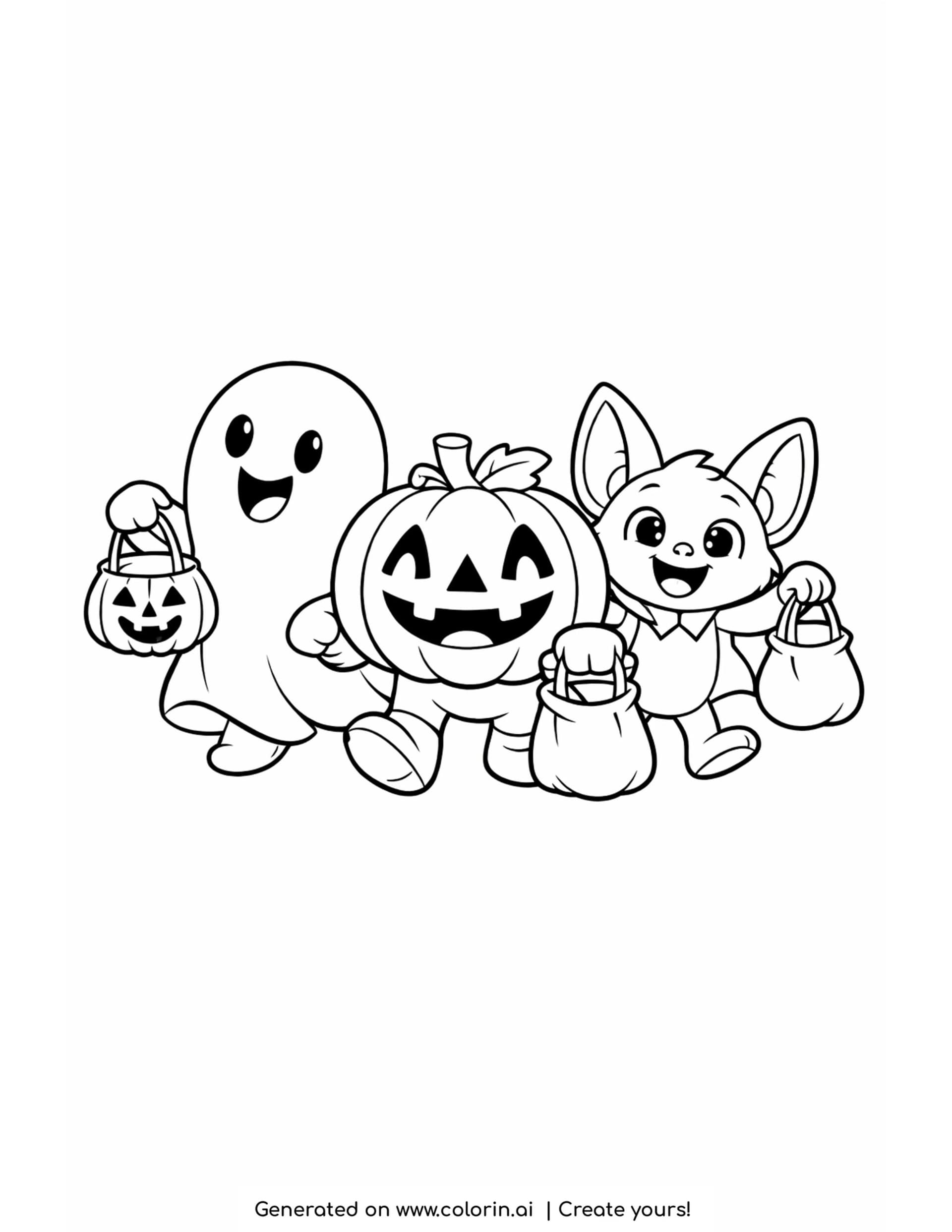 cartoon halloween coloring pages, a ghost, pumpkin, and bat trick-or-treating with candy bags