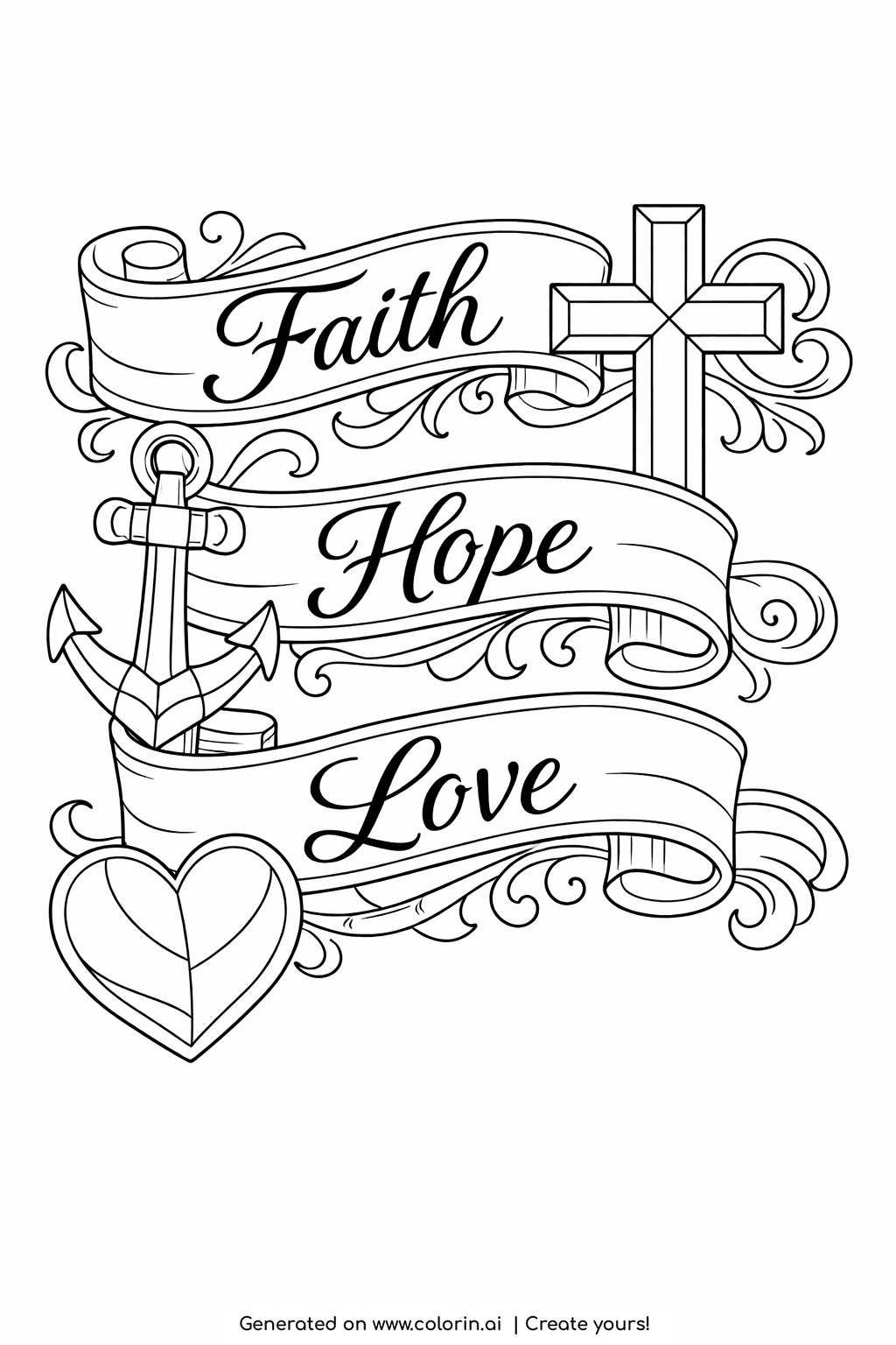 free printable bible verse coloring pages for adults, Faith Hope Love banners with a cross, anchor, and heart
