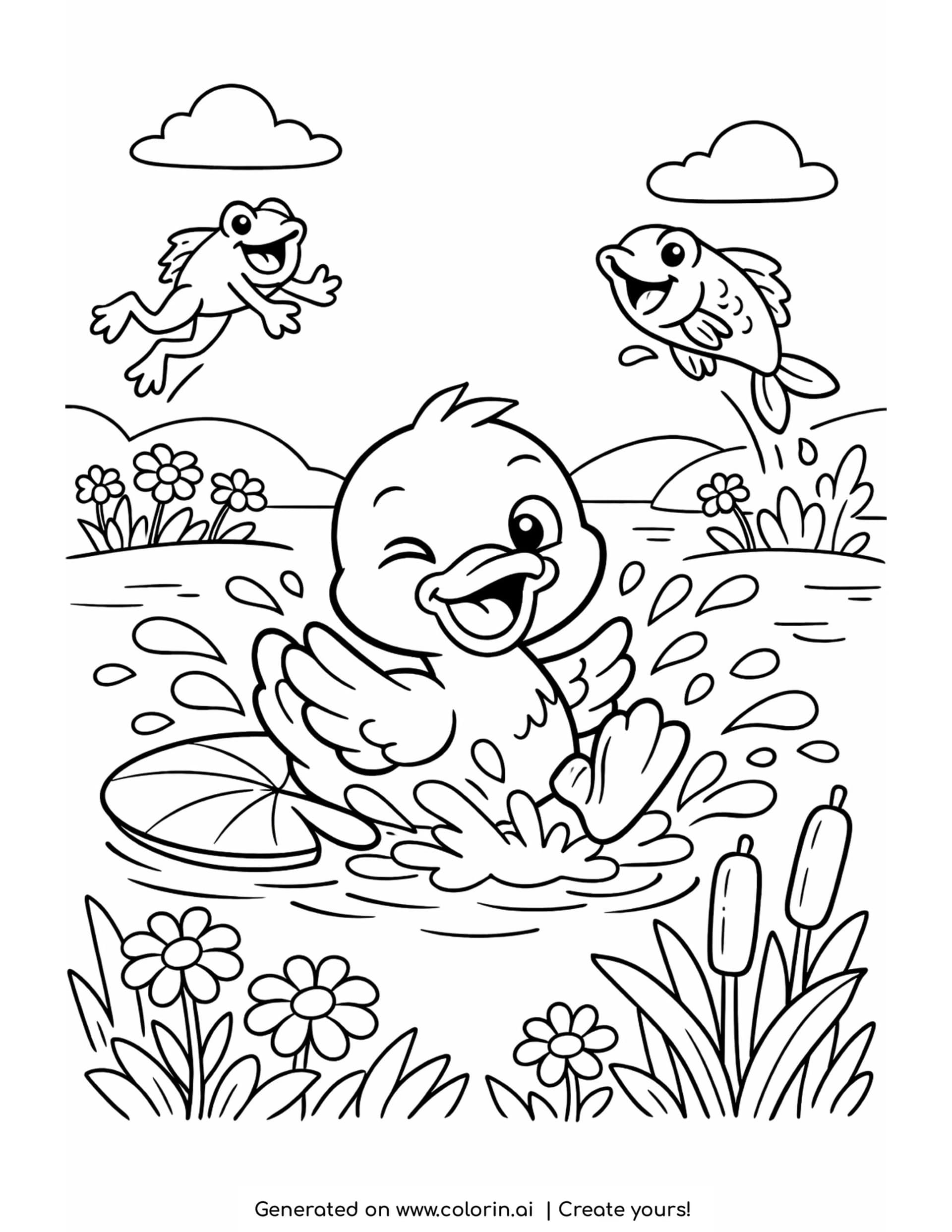 duck splashing near pond shore coloring page with fish and flowers