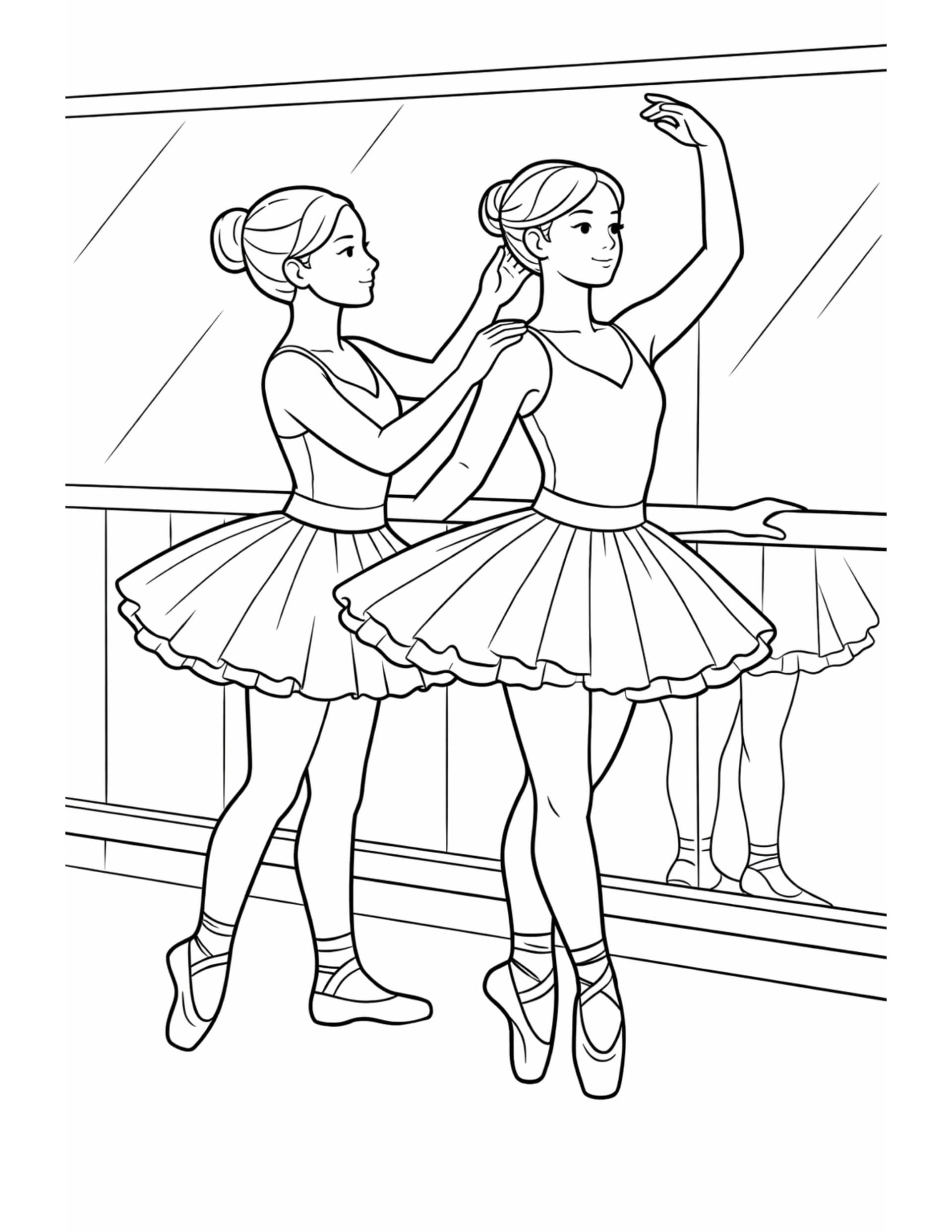 ballerinas adjusting hair at barre coloring page with two dancers by a studio mirror and barre coloring page