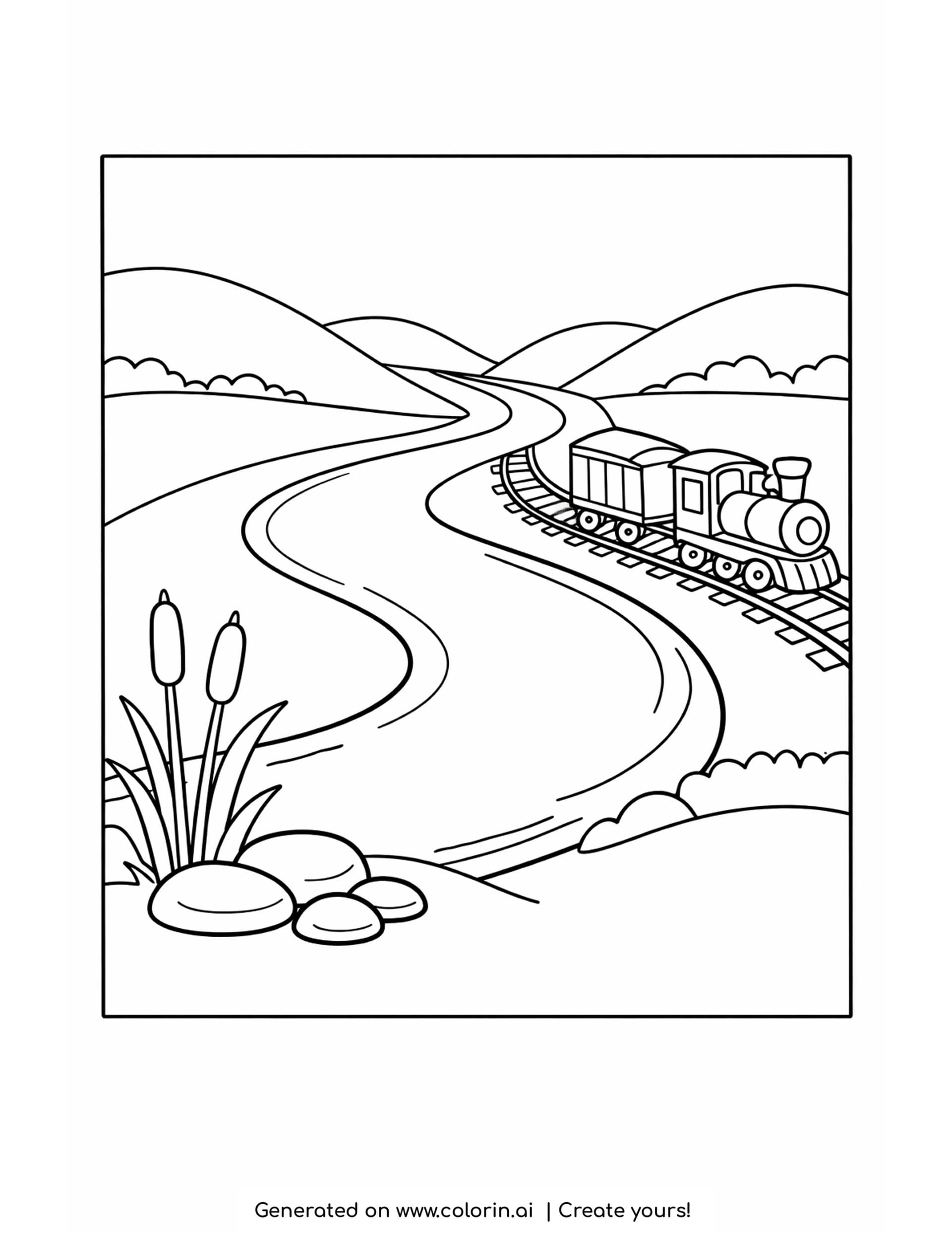 river coloring pages: a wide winding river between rolling hills with cattails and stones on the bank and a small train