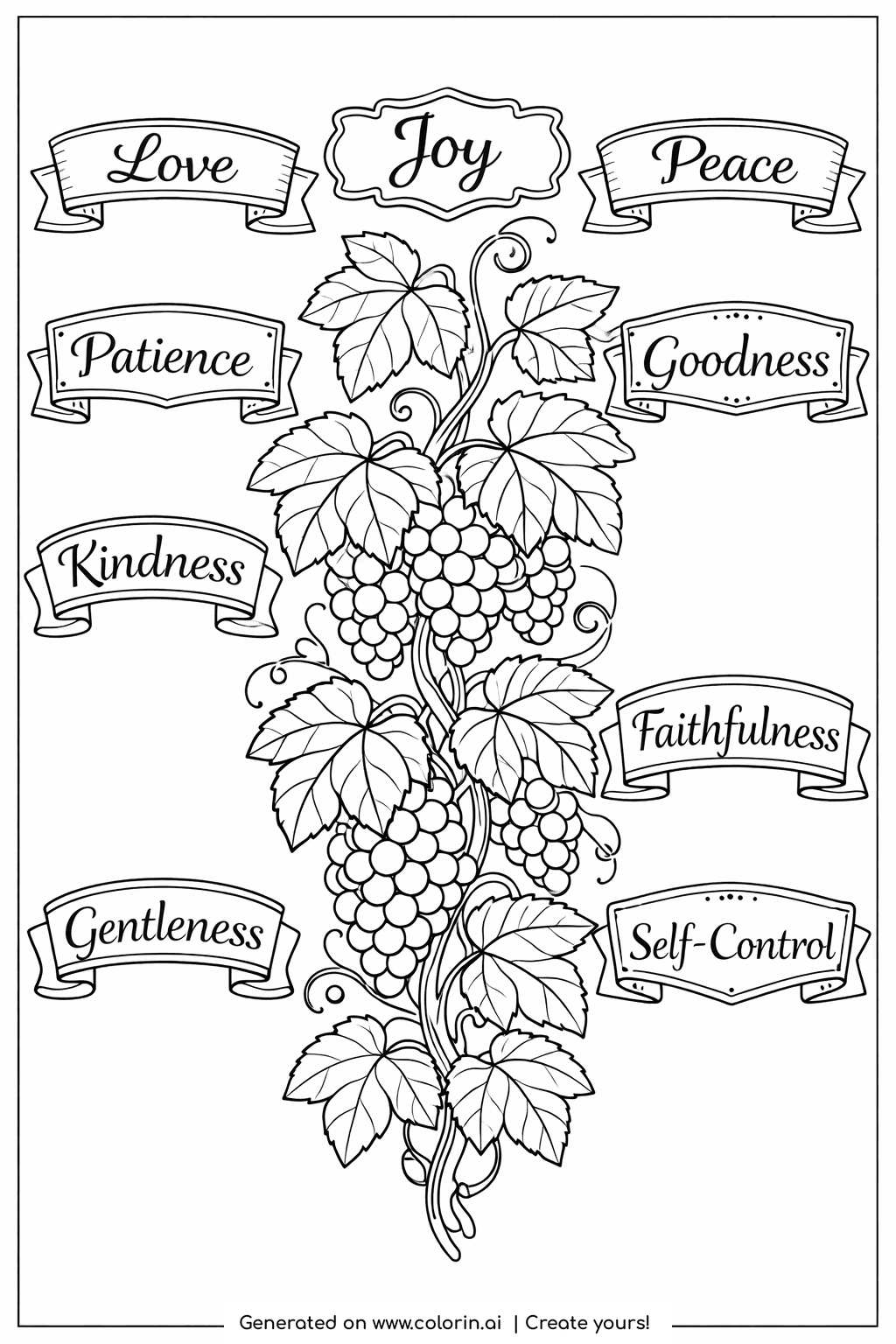 bible verses coloring pages, fruit of the Spirit grapevine with nine labeled banners for love, joy, and peace