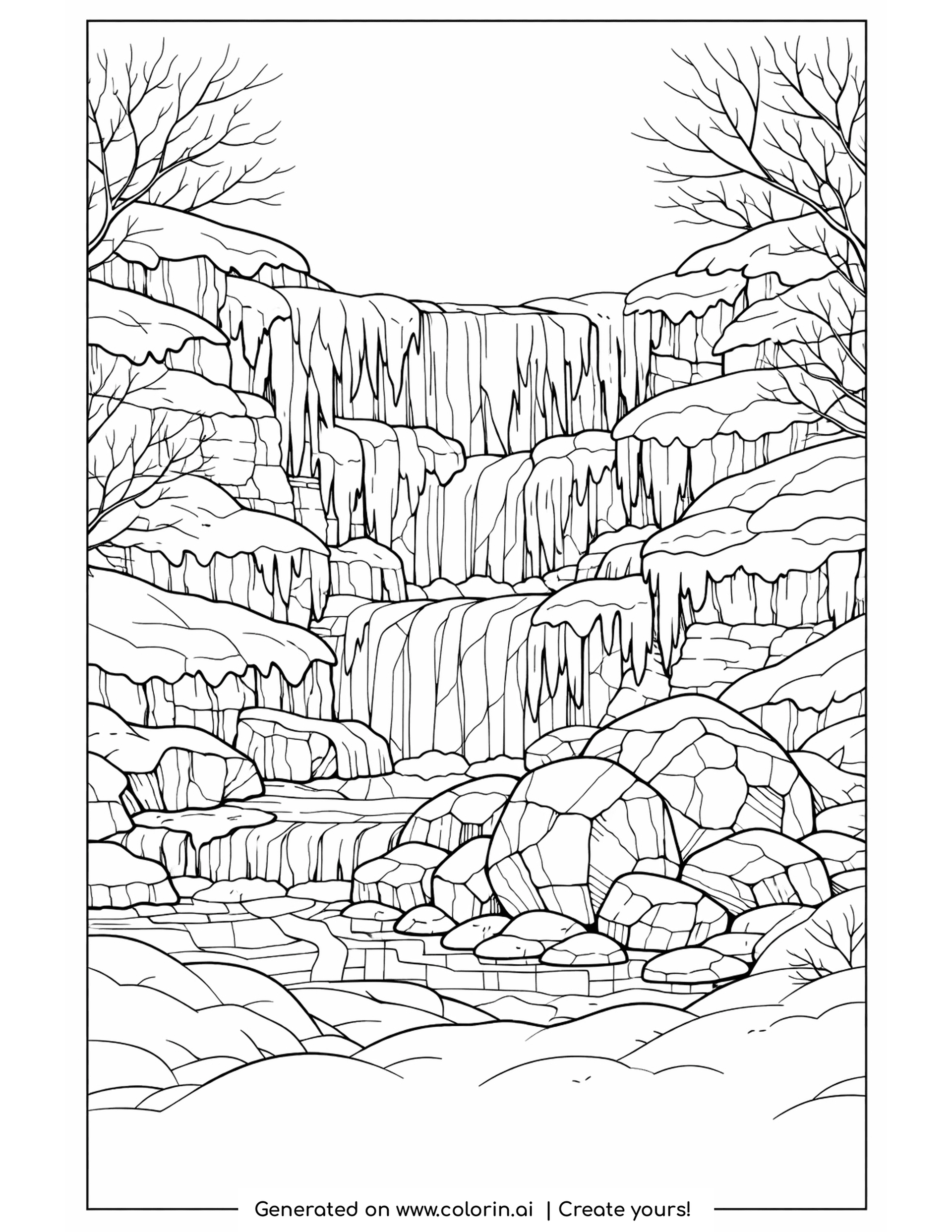 winter coloring pages for adults, a frozen waterfall with icicles and snowy rocks