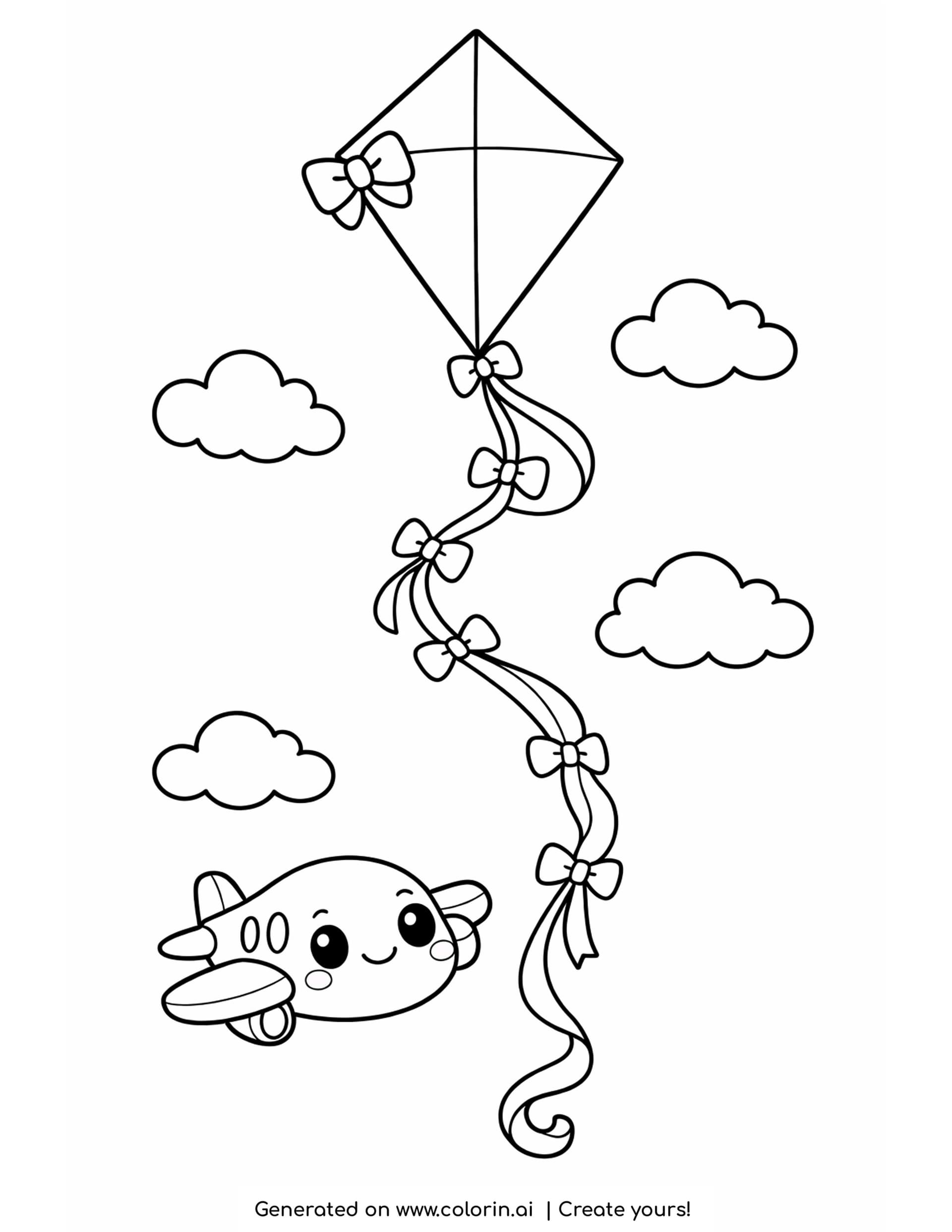 kite coloring pages — diamond kite with a long ribbon tail of bows and a small smiling airplane