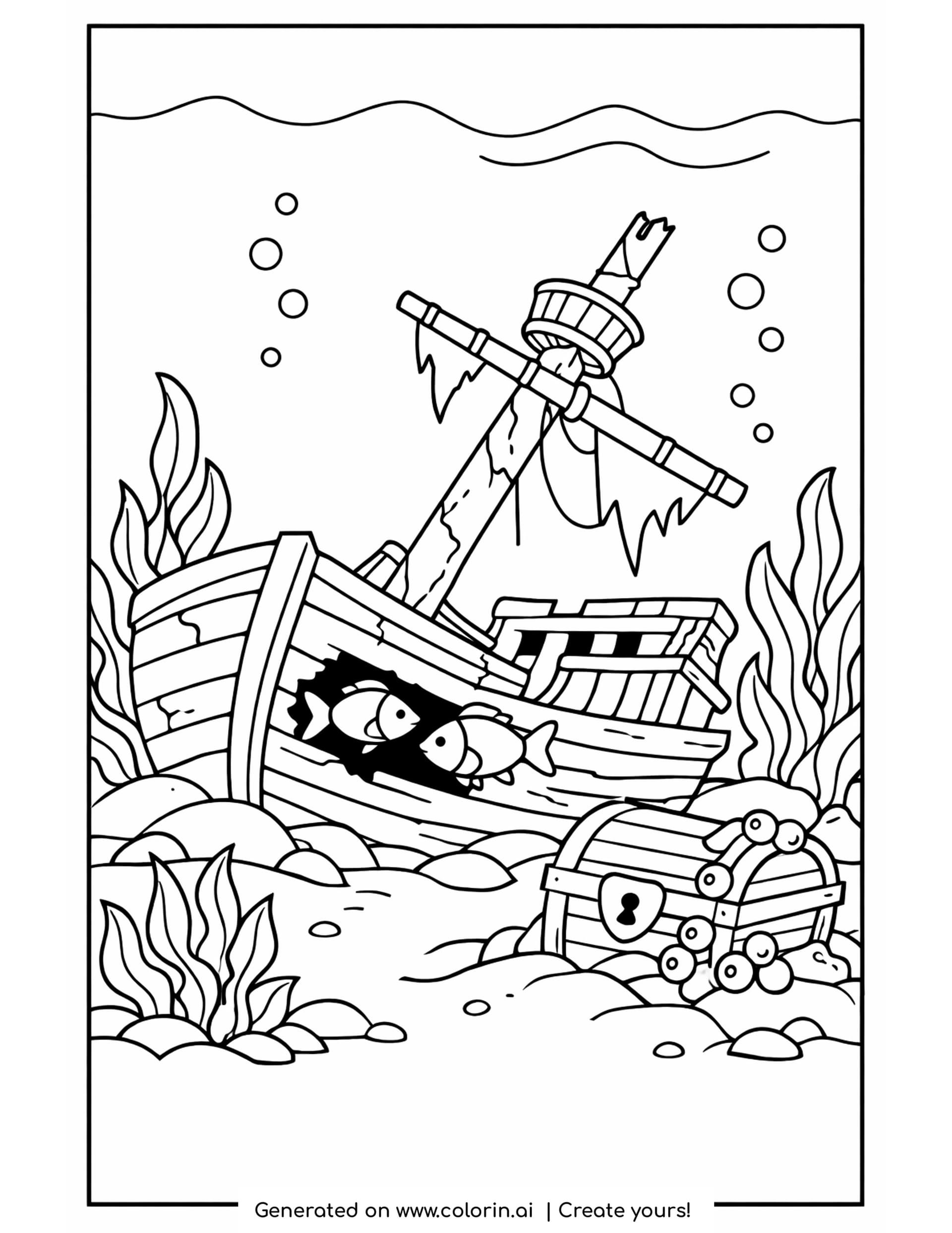shipwreck coloring page - an old wooden ship on the sea floor with a snapped mast, a crow's nest, two fish in the hull, seaweed and a treasure chest