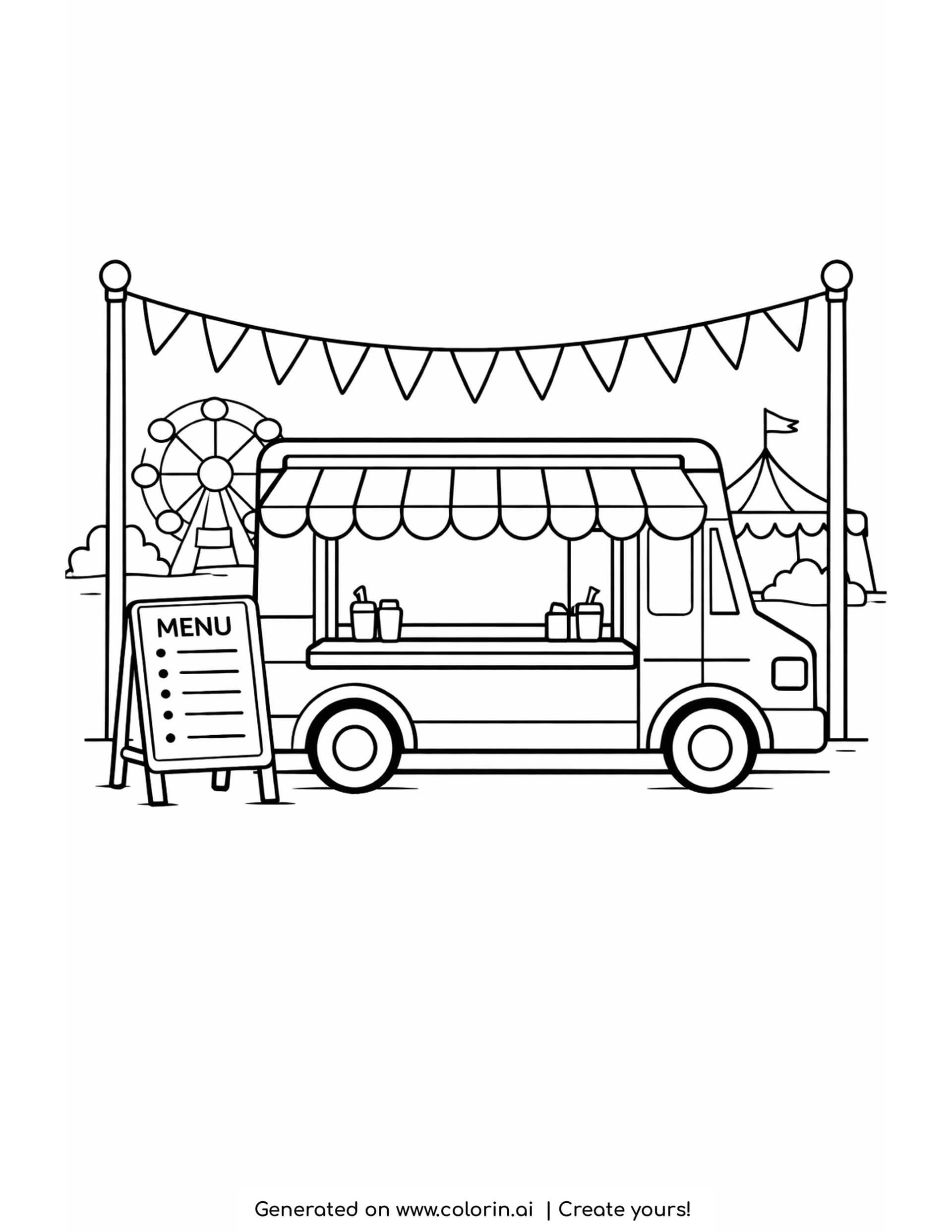 food truck at the fair coloring pages: a food truck with an awning and menu board under strings of bunting