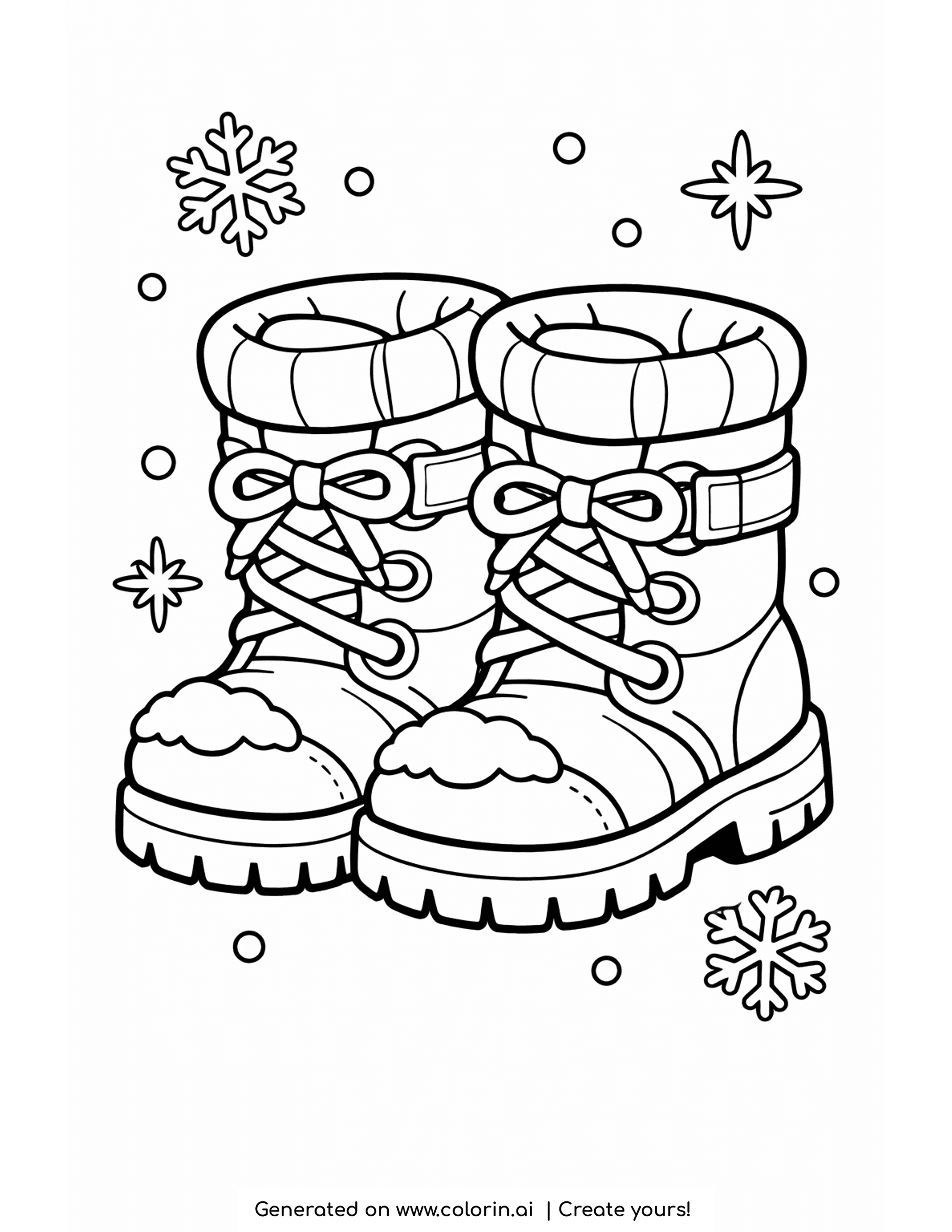 winter clothes coloring pages, a pair of sturdy laced snow boots dusted with snow among drifting snowflakes