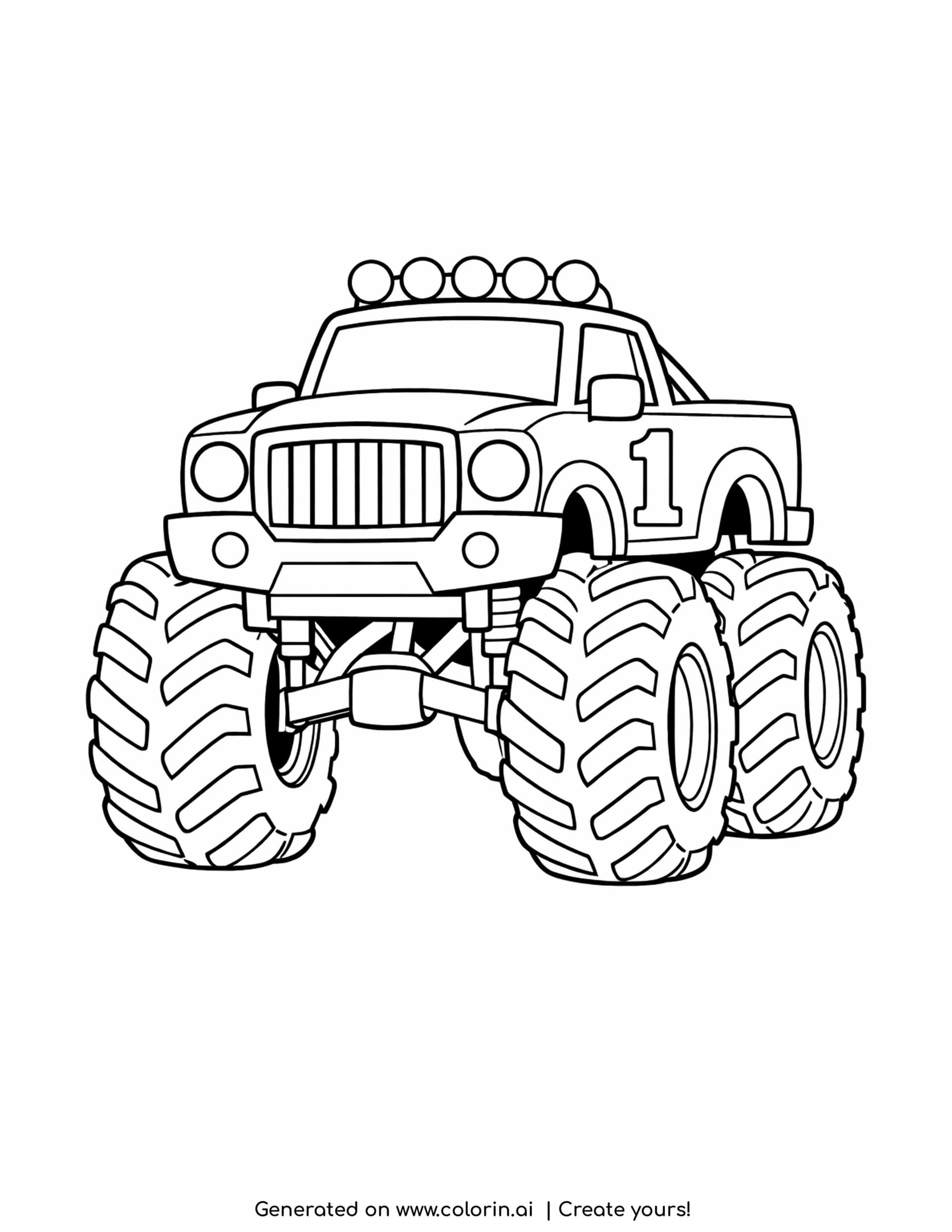 simple monster truck coloring pages: a monster truck on four huge chevron treaded tires with a light bar
