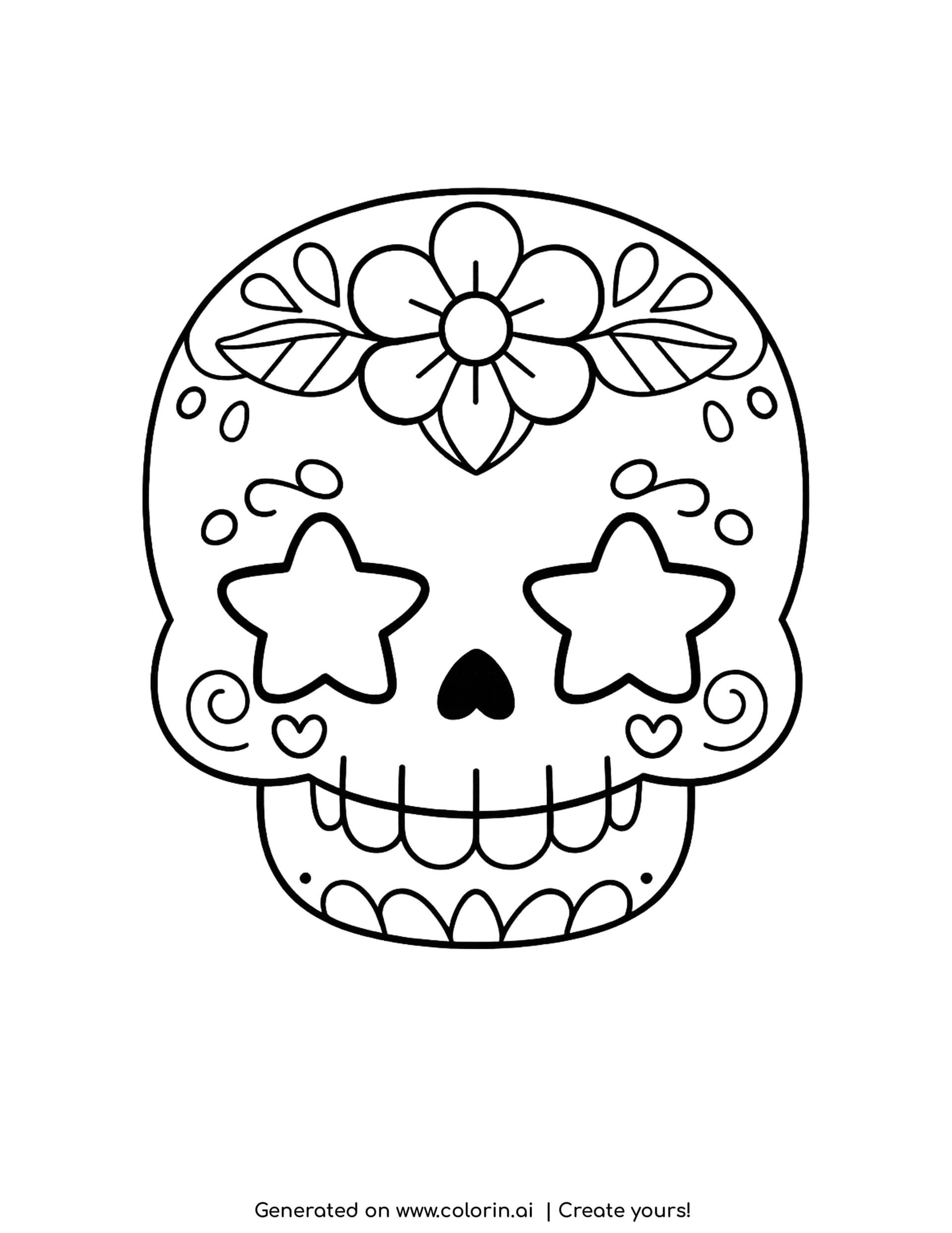 sugar skull with star eyes coloring pages, calavera with two star shaped eyes, a flower on the forehead and swirls on the cheeks