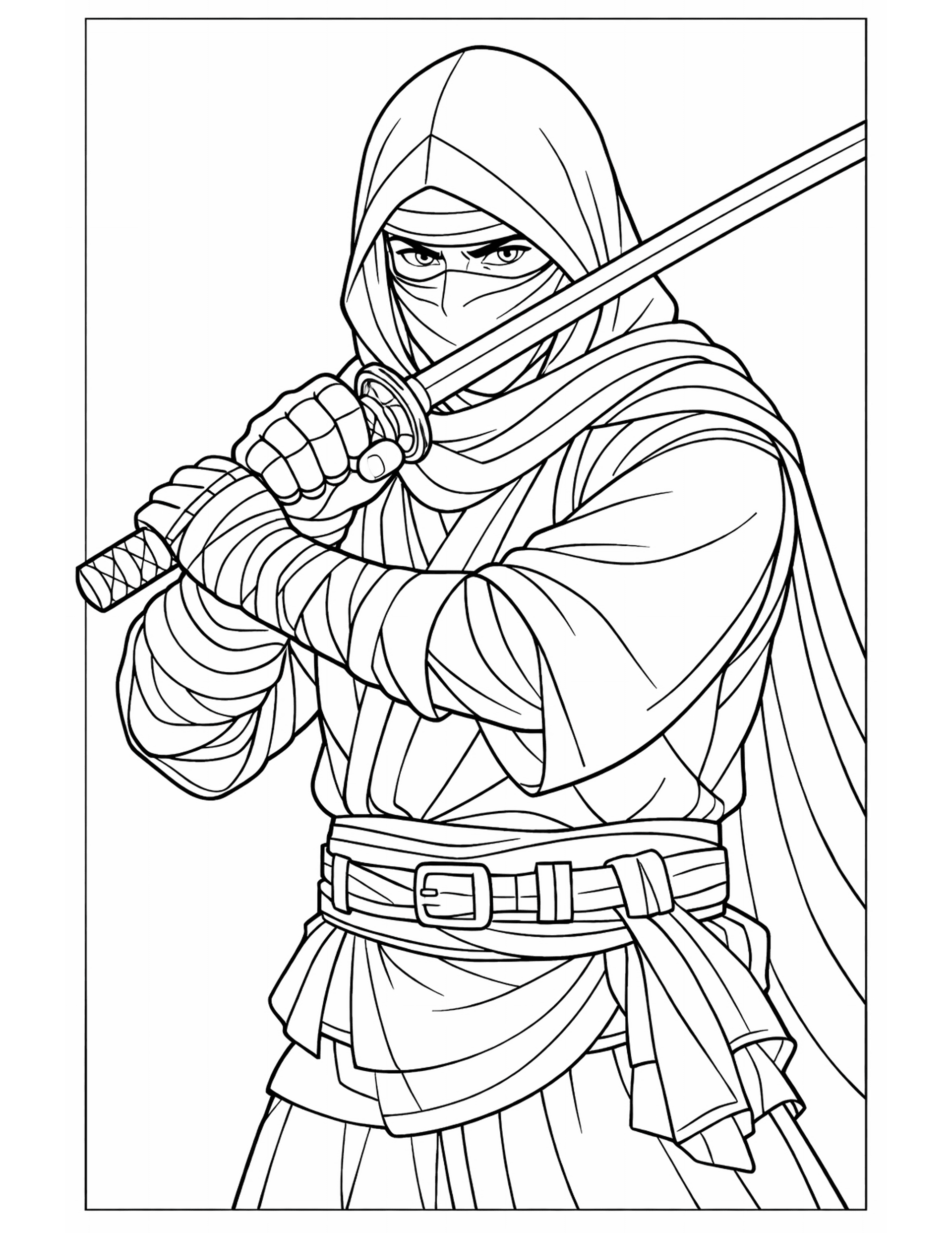 detailed ninja warrior coloring pages - hooded ninja gripping a katana in wrapped hands with a long draped scarf