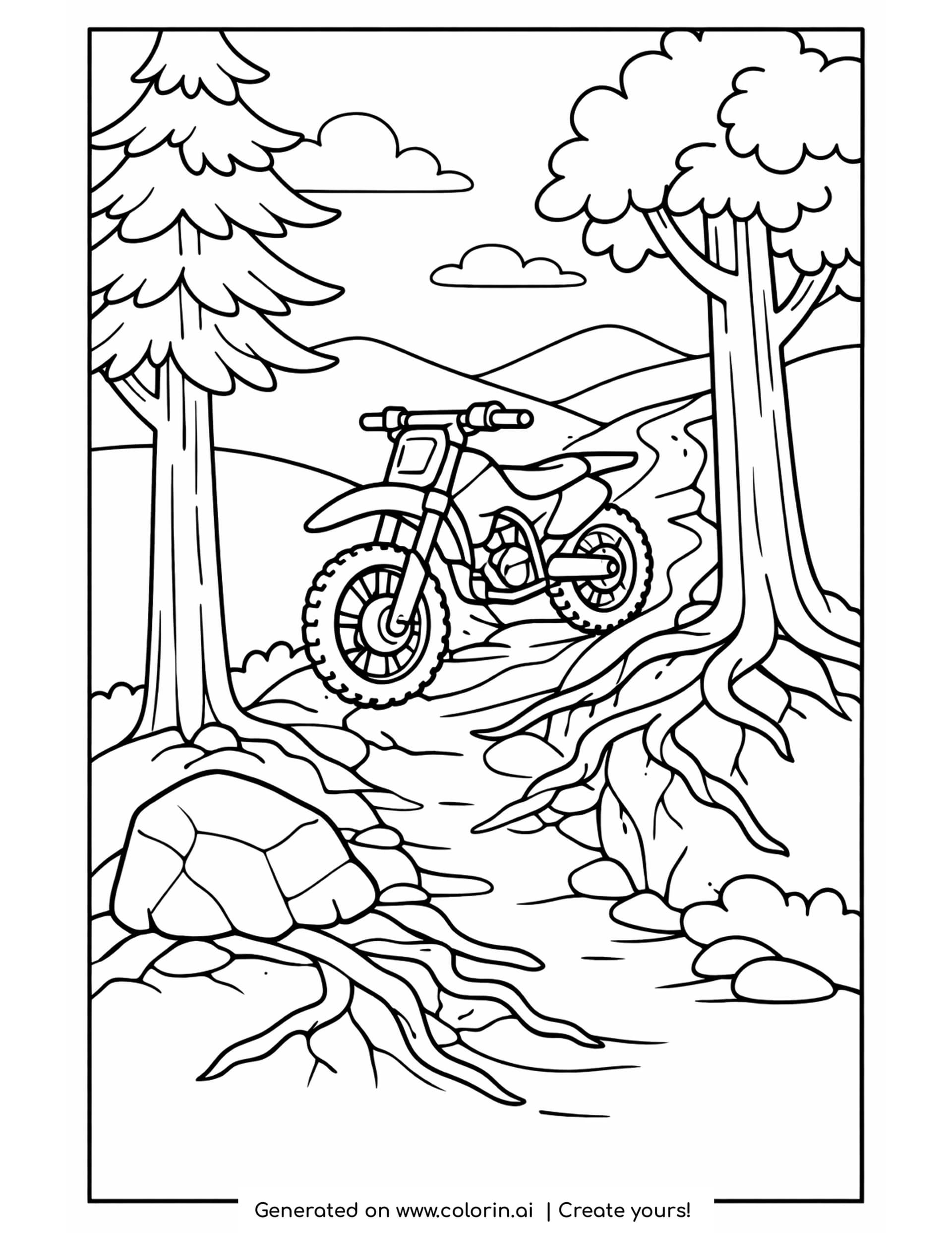 dirt bike trail coloring pages - dirt bike on a narrow forest trail with roots and rocks along it