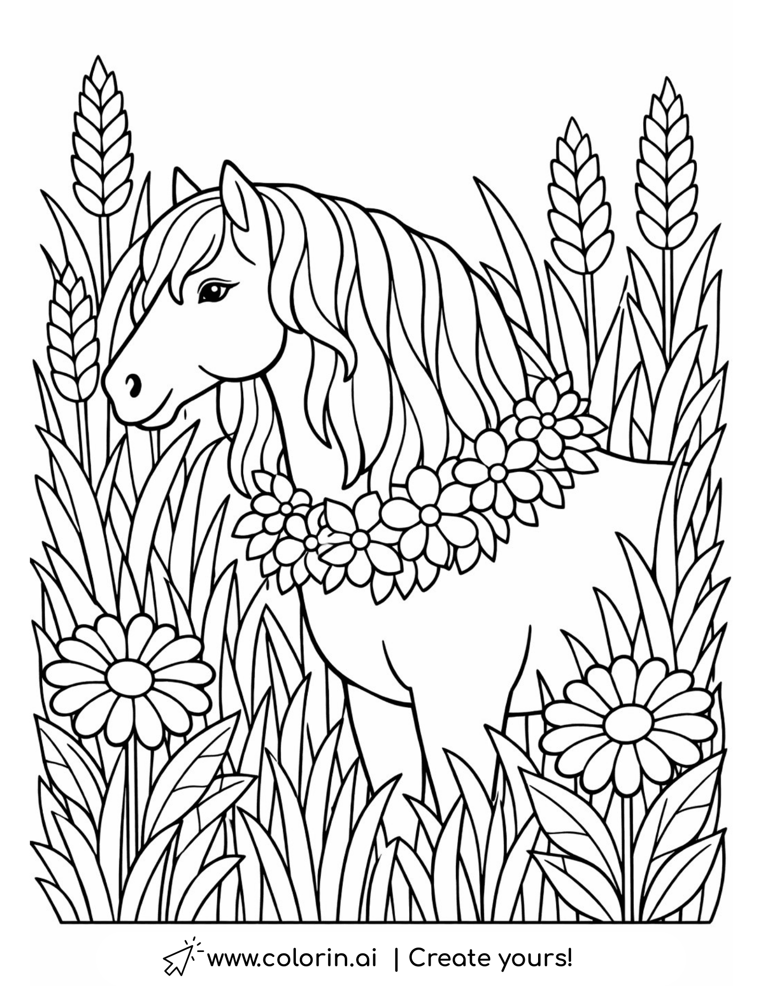 horse with flower necklace in meadow coloring page surrounded by tall grass and flowers coloring page