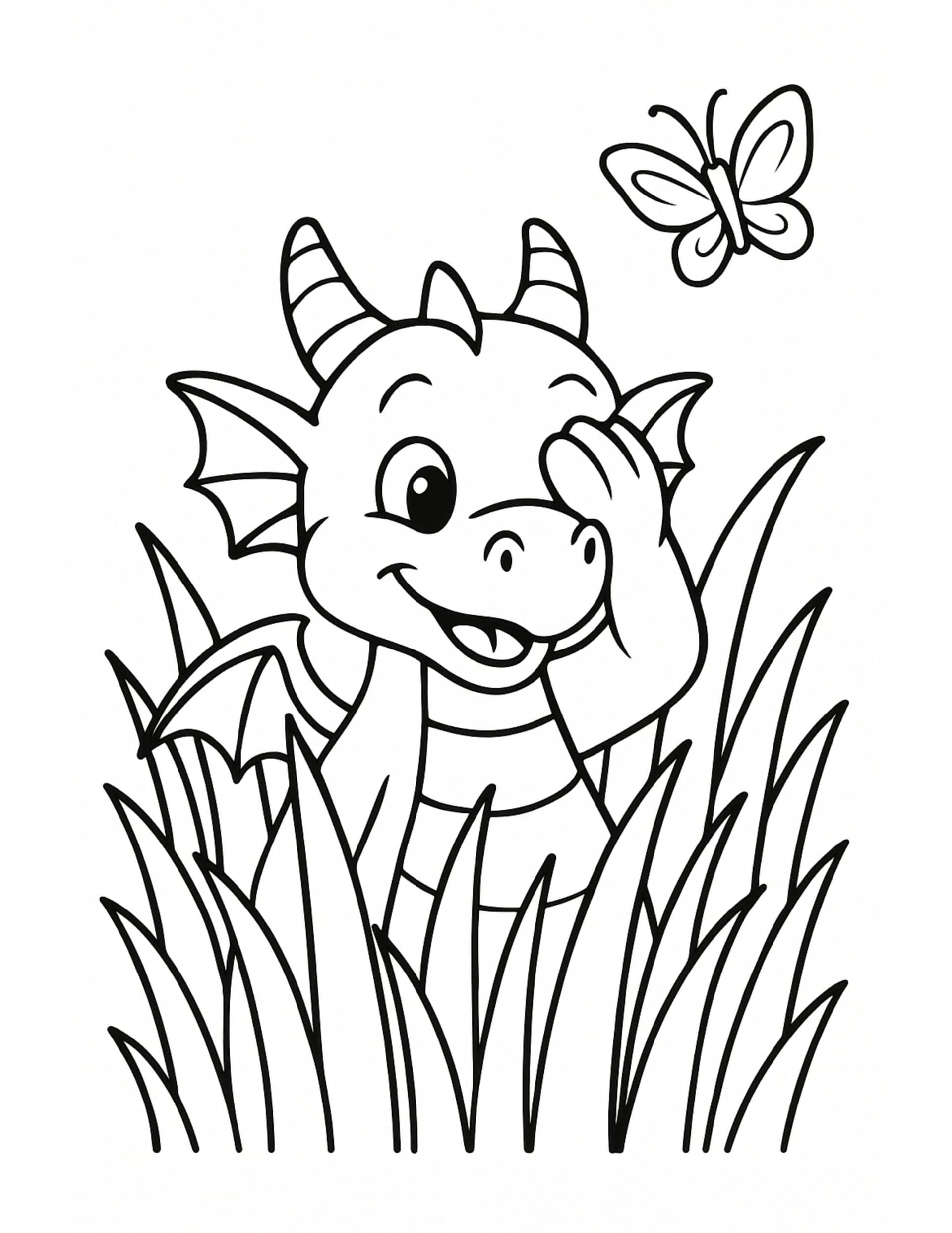 baby dragon peeking in grass coloring page, smiling dragon hiding among tall blades with a butterfly coloring page
