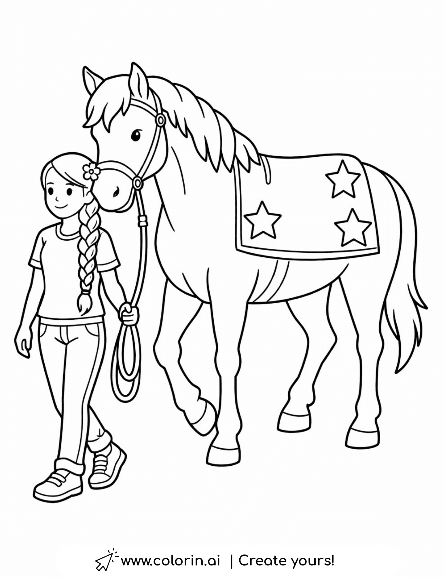 girl walking horse with star blanket coloring page cute scene illustration coloring page