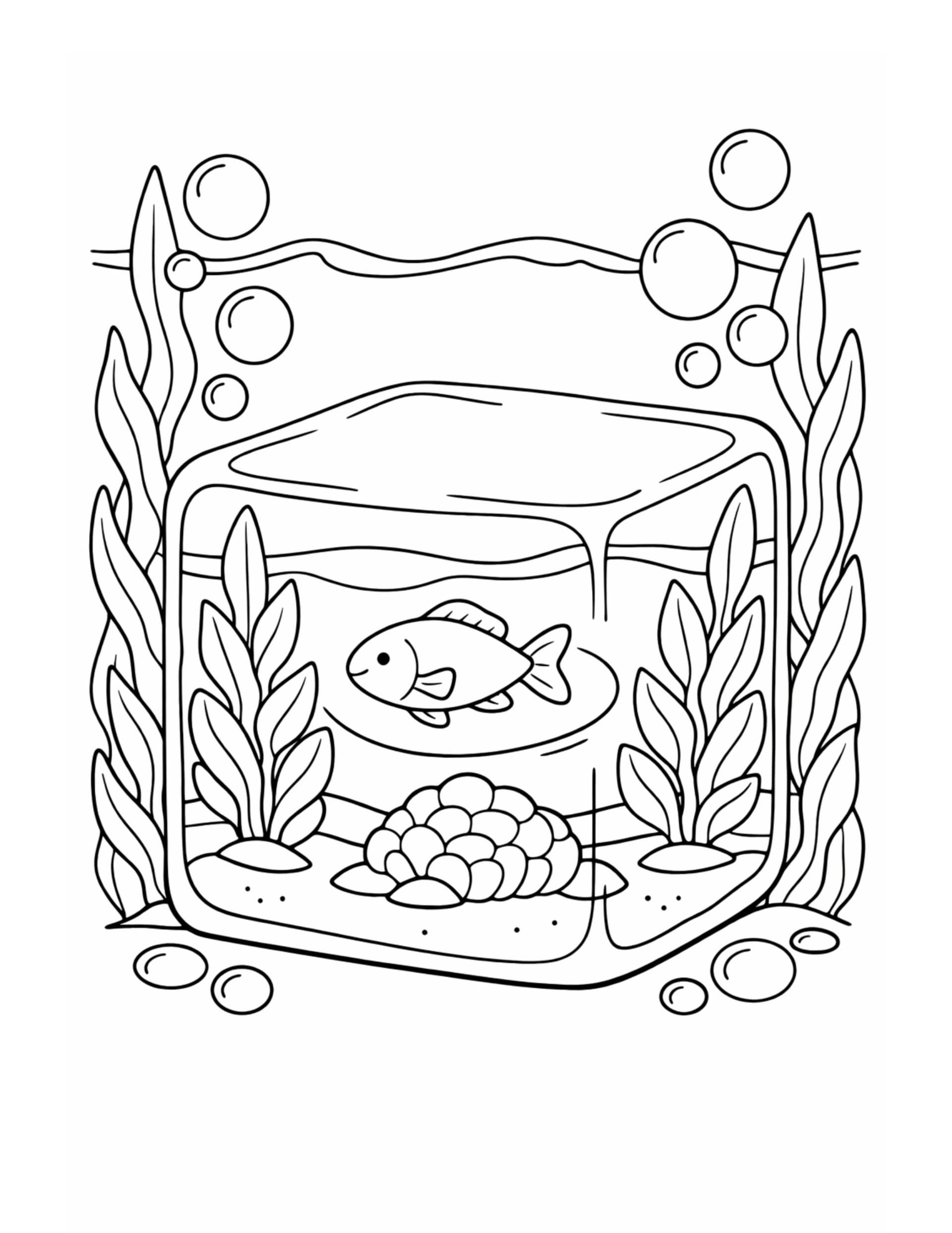 fish in cube aquarium coloring page featuring a cube tank underwater with bubbles and sea plants coloring page