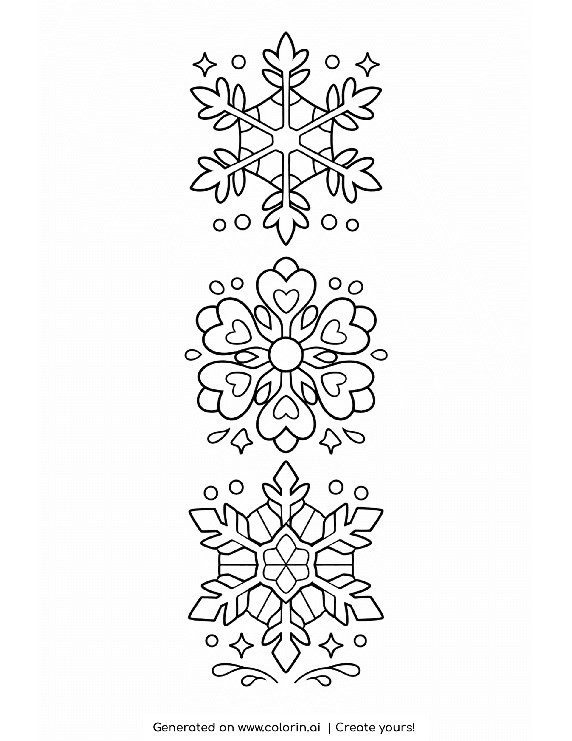snowflake coloring pages, three large distinct snowflakes arranged in a vertical row with open white space