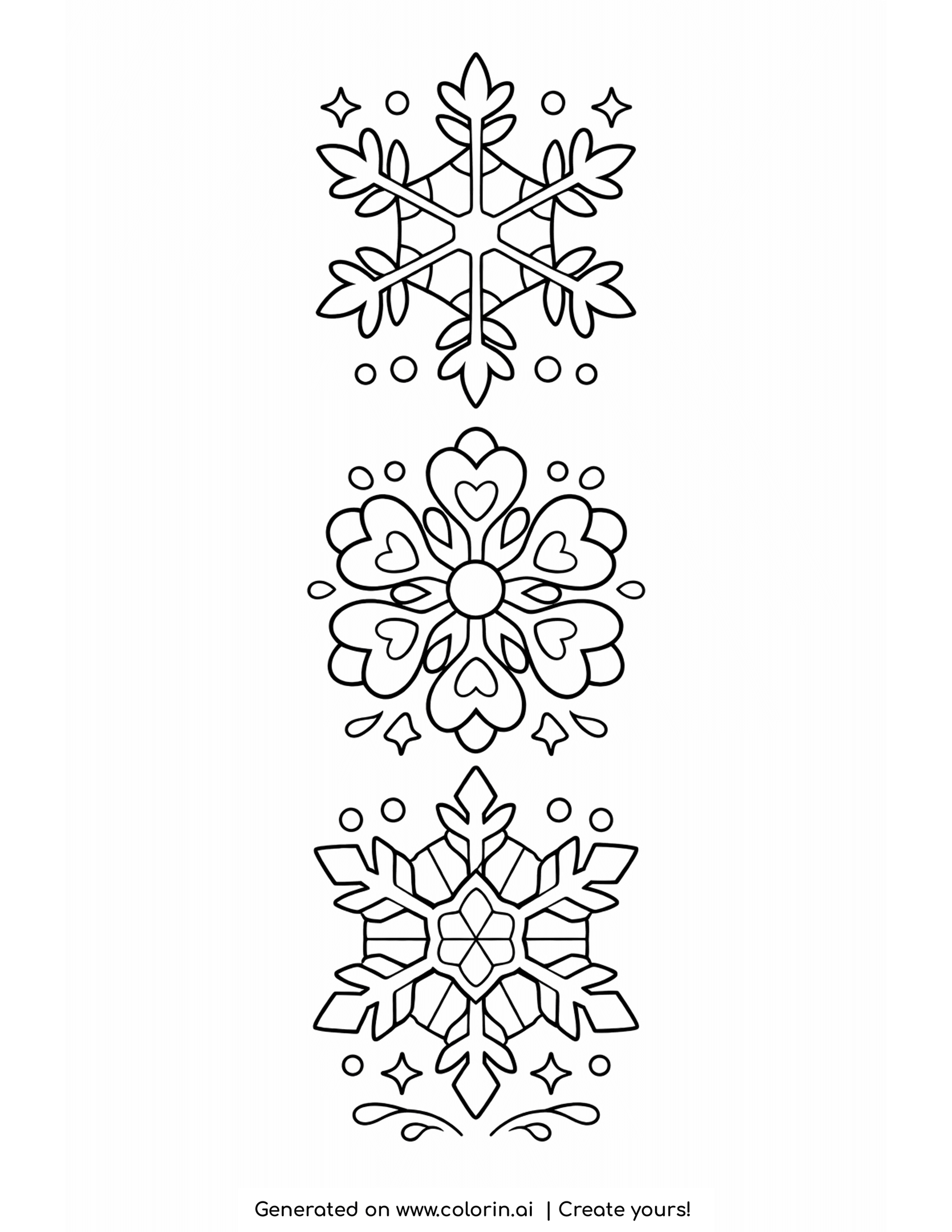 snowflake coloring pages, three large distinct snowflakes arranged in a vertical row with open white space